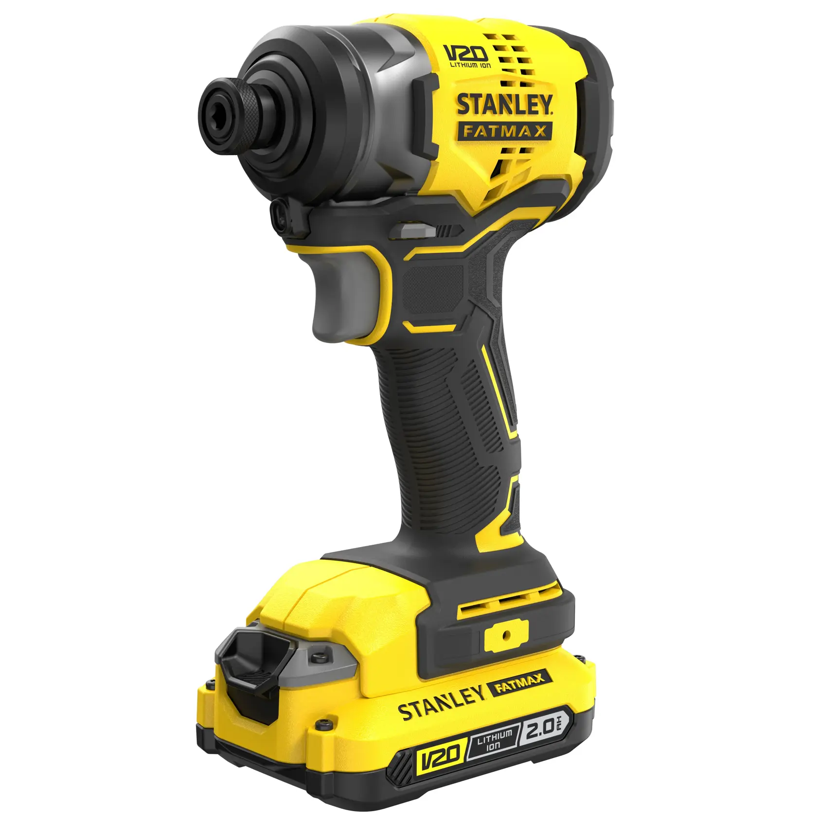 STANLEY SFMCF810D2K cordless yellow and black impact driver, front-left angle on white background.