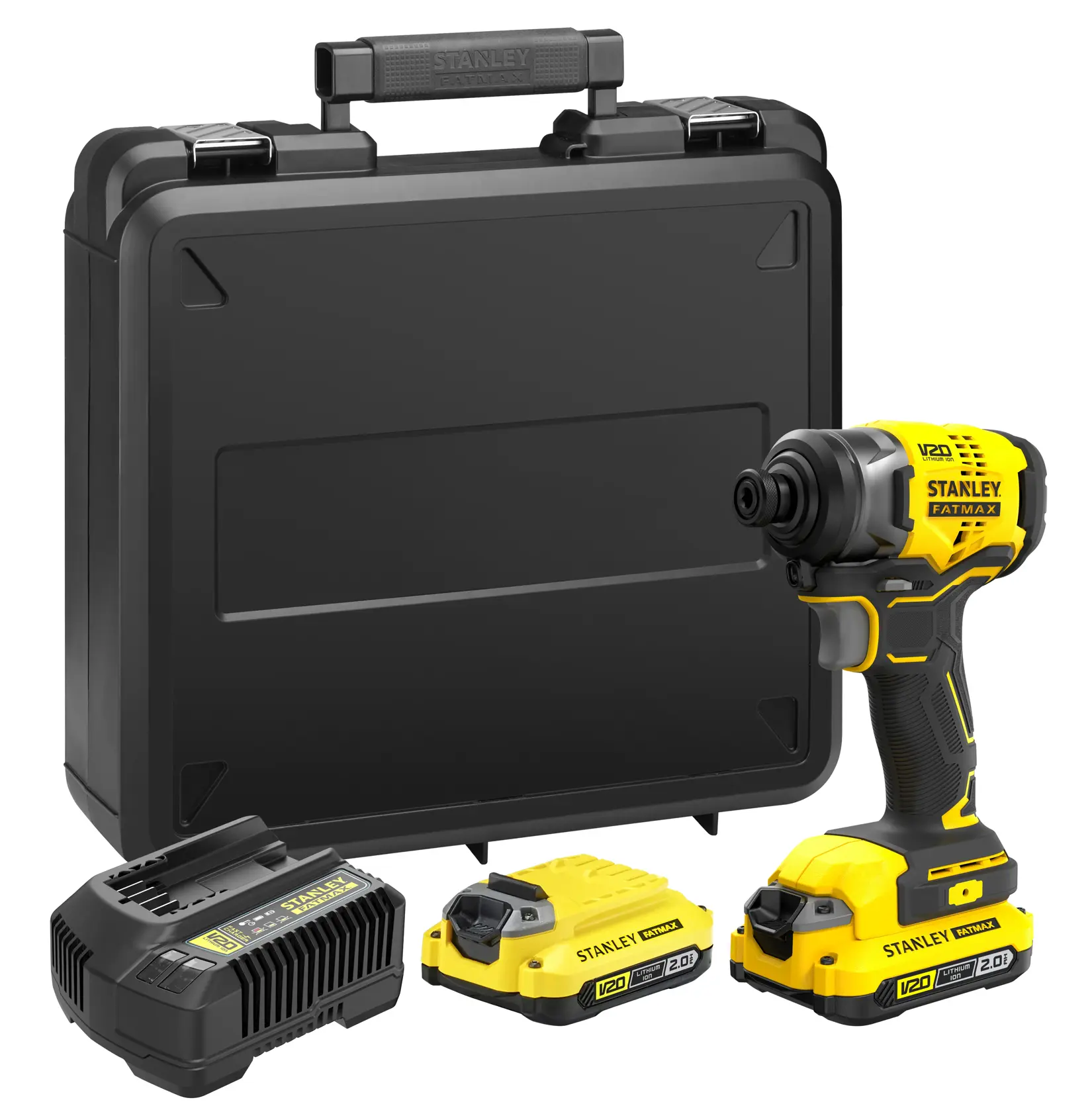 STANLEY SFMCF810D2K Schlagschrauber-Set mit Koffer, Ladegerät und zwei gelben V20 Akkus, Vorderansicht.