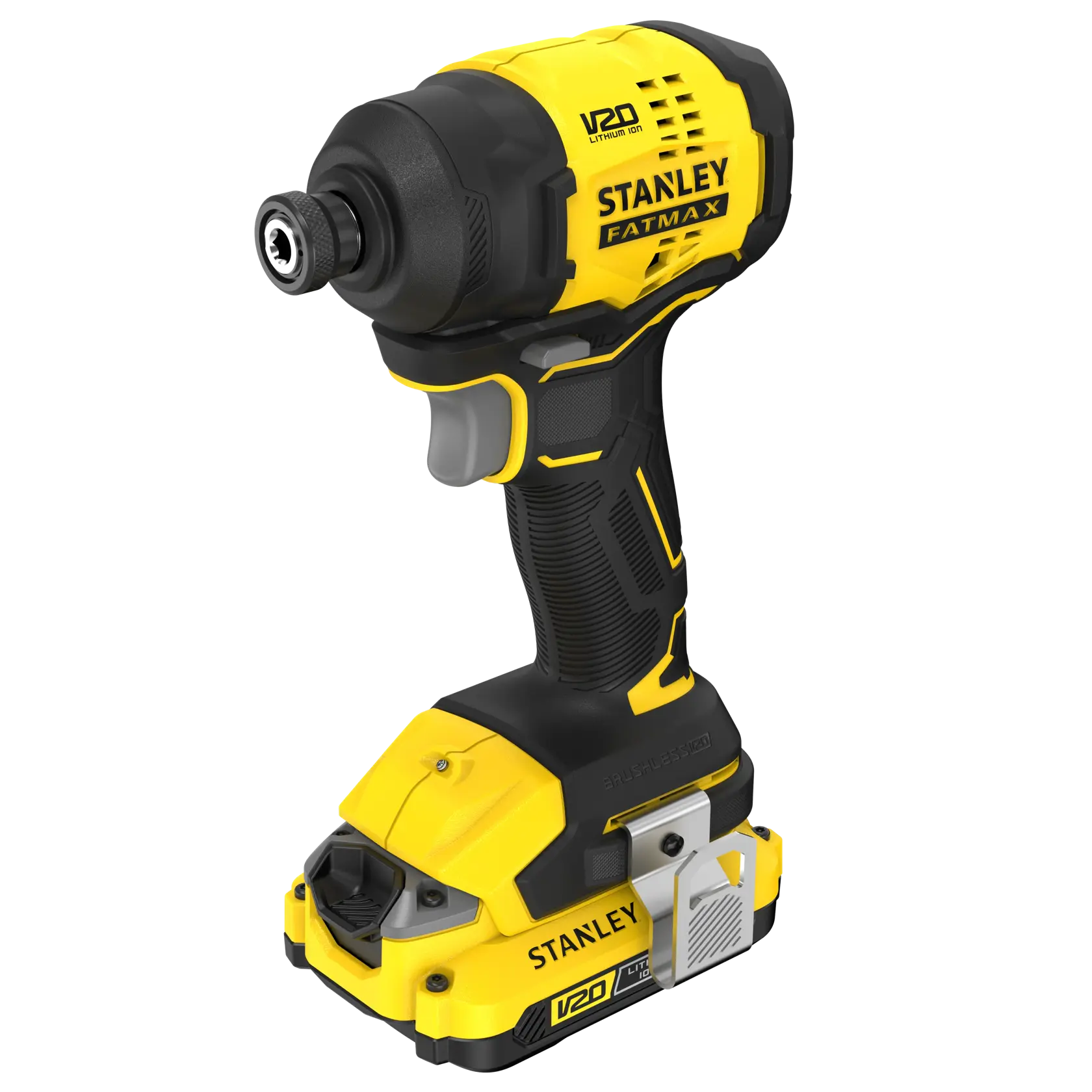 Foto des STANLEY SFMCF811D1T Akku-Schlagschraubers, V20 Lithium-Ionen, gelb und schwarz, Vorderansicht.