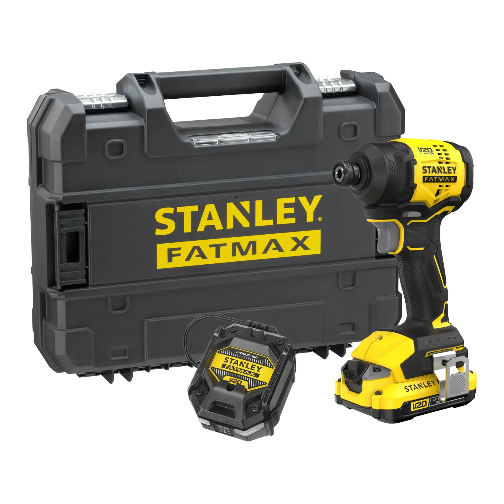 STANLEY SFMCF811D1T V20 Schlagschrauber-Set mit schwarzem Koffer und Akku, Frontansicht.