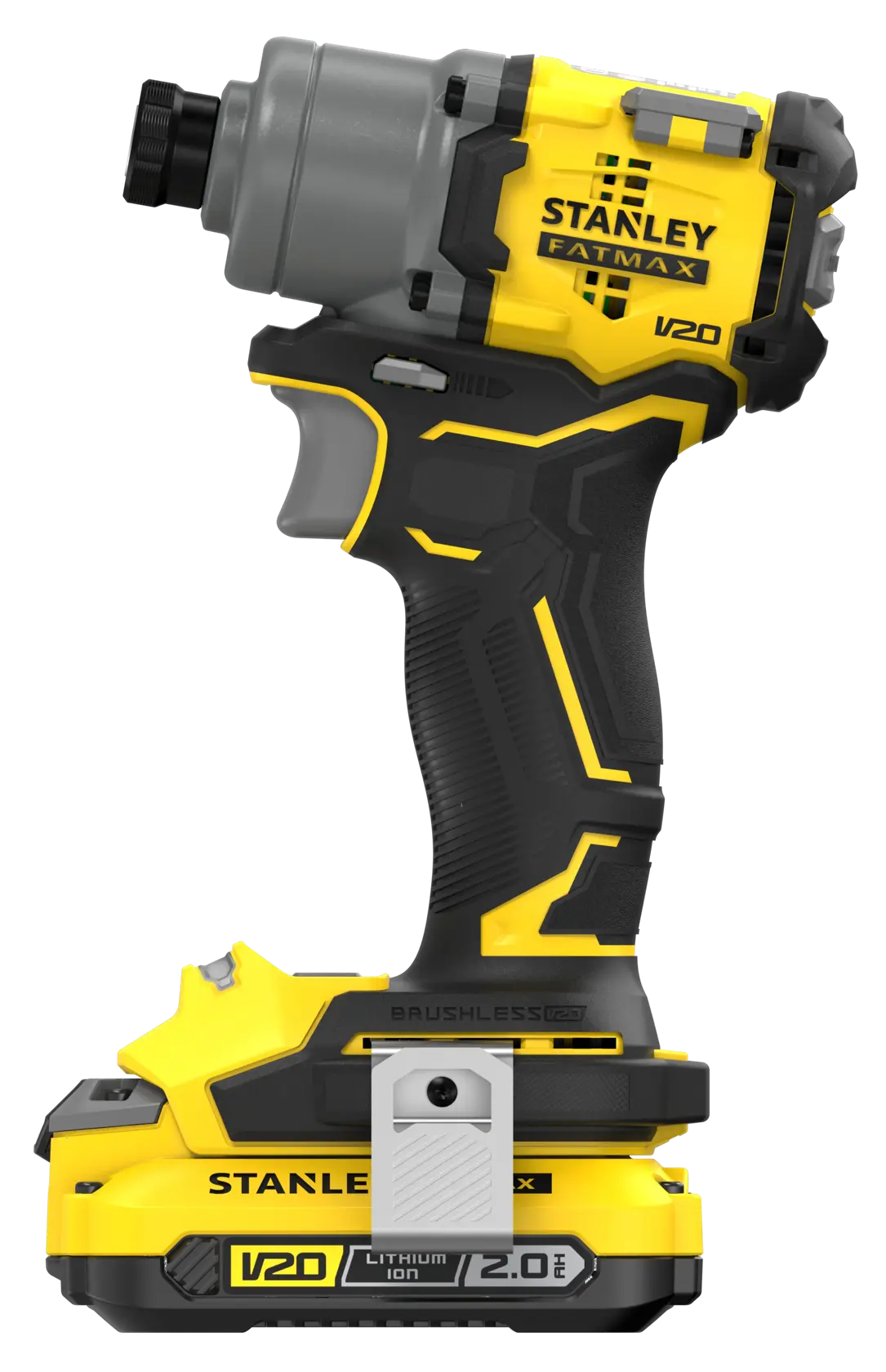 STANLEY SFMCF830D2K V20 Fatmax Akku-Schlagschrauber, Seitenansicht, gelb und schwarz.
