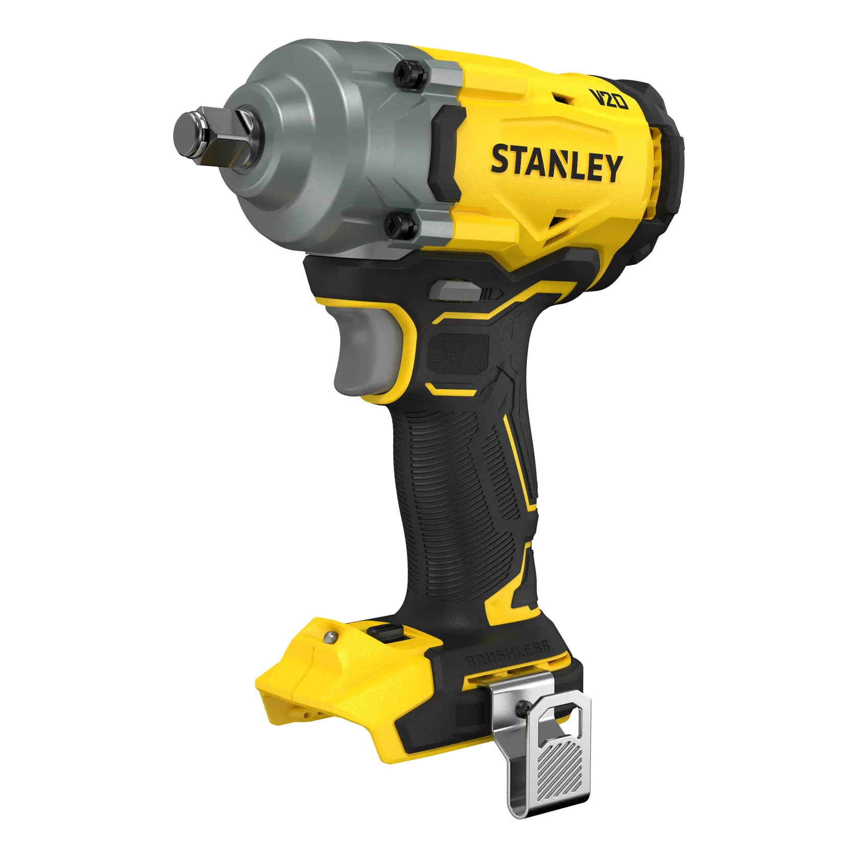 Stanley V20 Akku-Schlagschrauber gelb-schwarz, bürstenlos, mit Gürtelclip, ohne Akku.