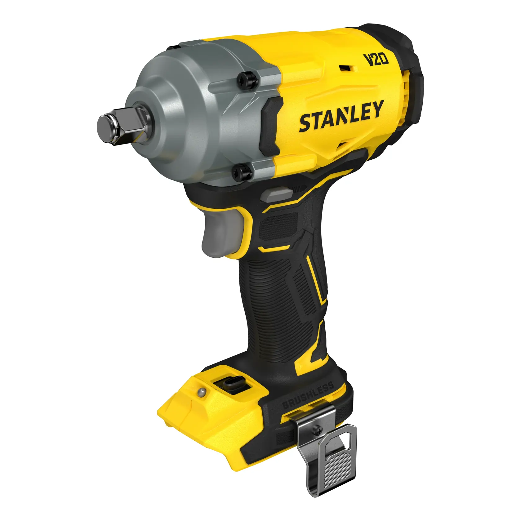 Stanley V20 Akku-Schlagschrauber mit bürstenlosem Motor, gelb-schwarz, ohne Akku dargestellt.