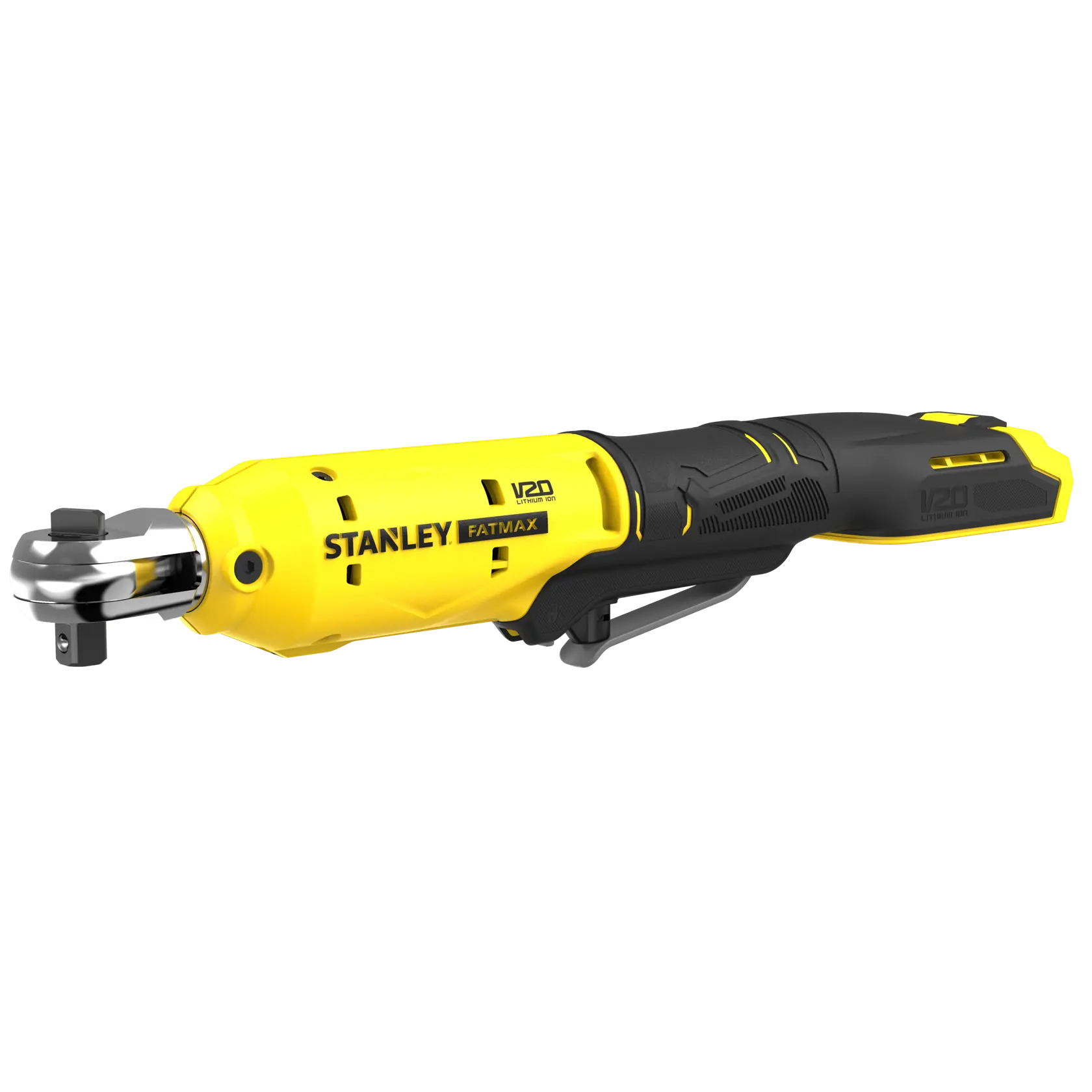 STANLEY SFMCF930B Akku-Ratschenschlüssel, gelb und schwarz, Seitenansicht, Produktfotografie.