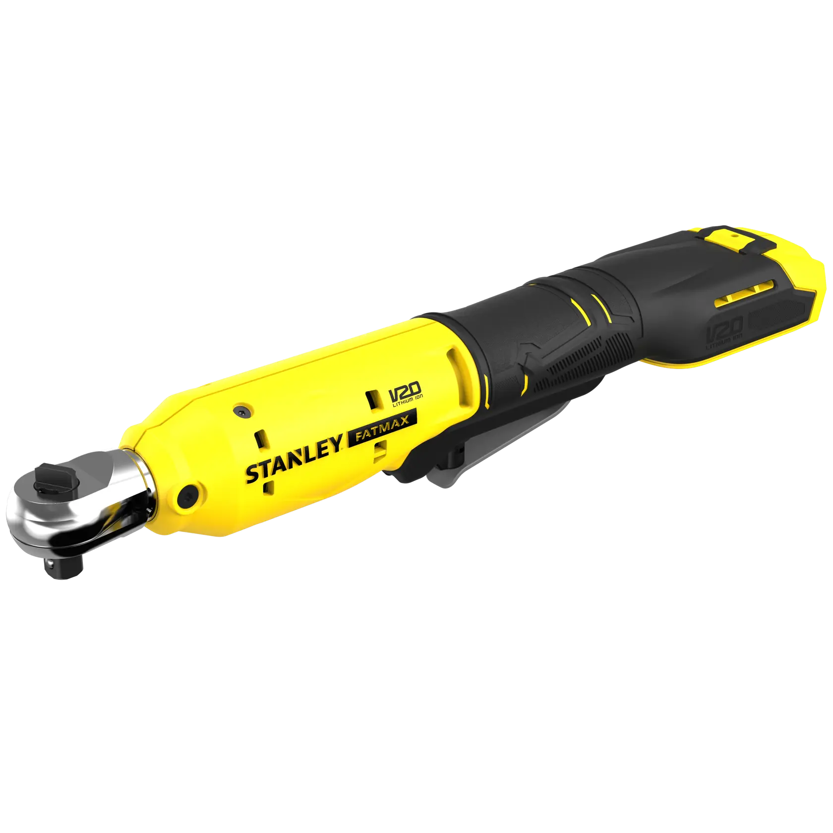 STANLEY SFMCF930B Akku-Ratschenschlüssel, gelb und schwarz, Seitenansicht, Produktfotografie.