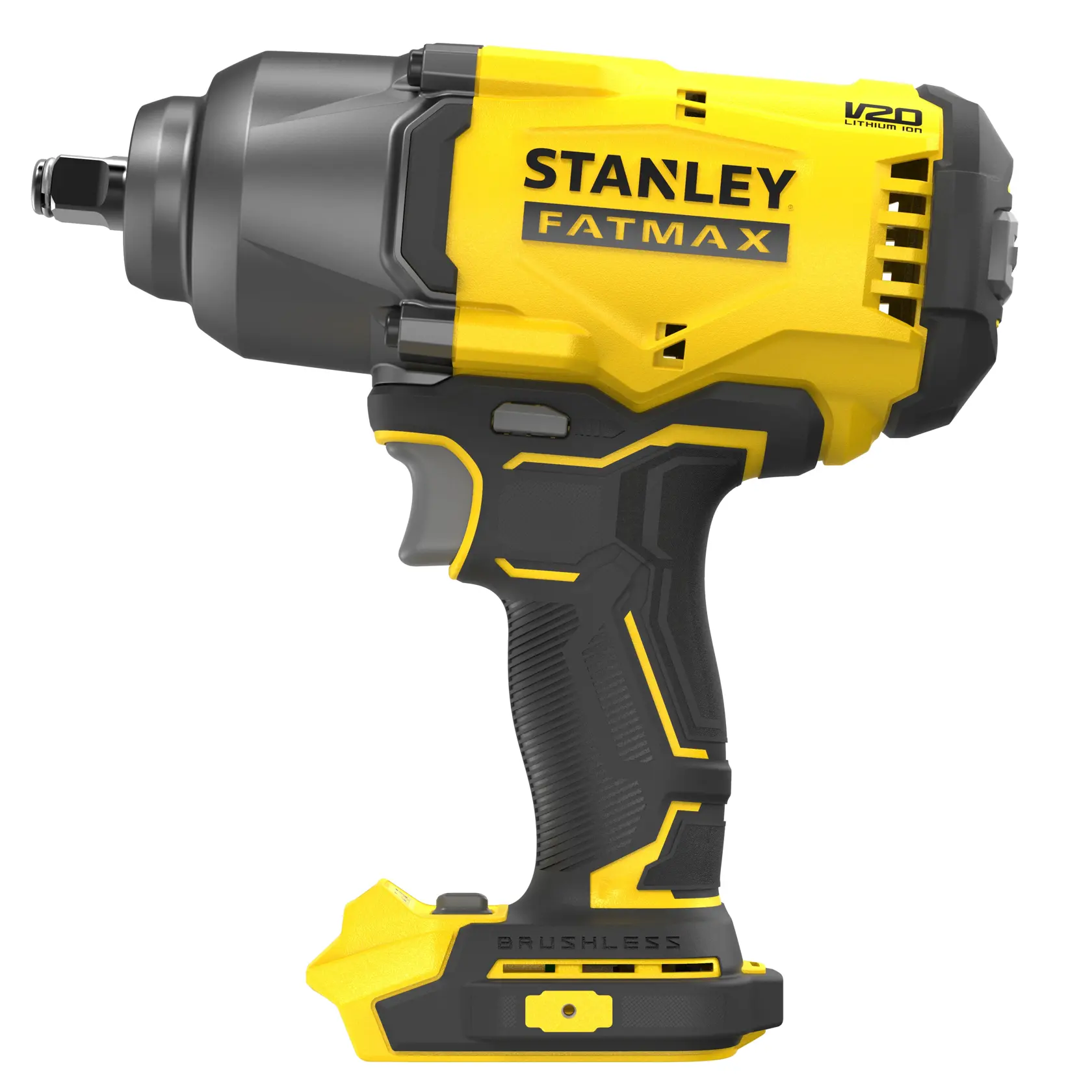 STANLEY SFMCF940B cordless impact wrench, yellow and black, FATMAX series, side view on white background.