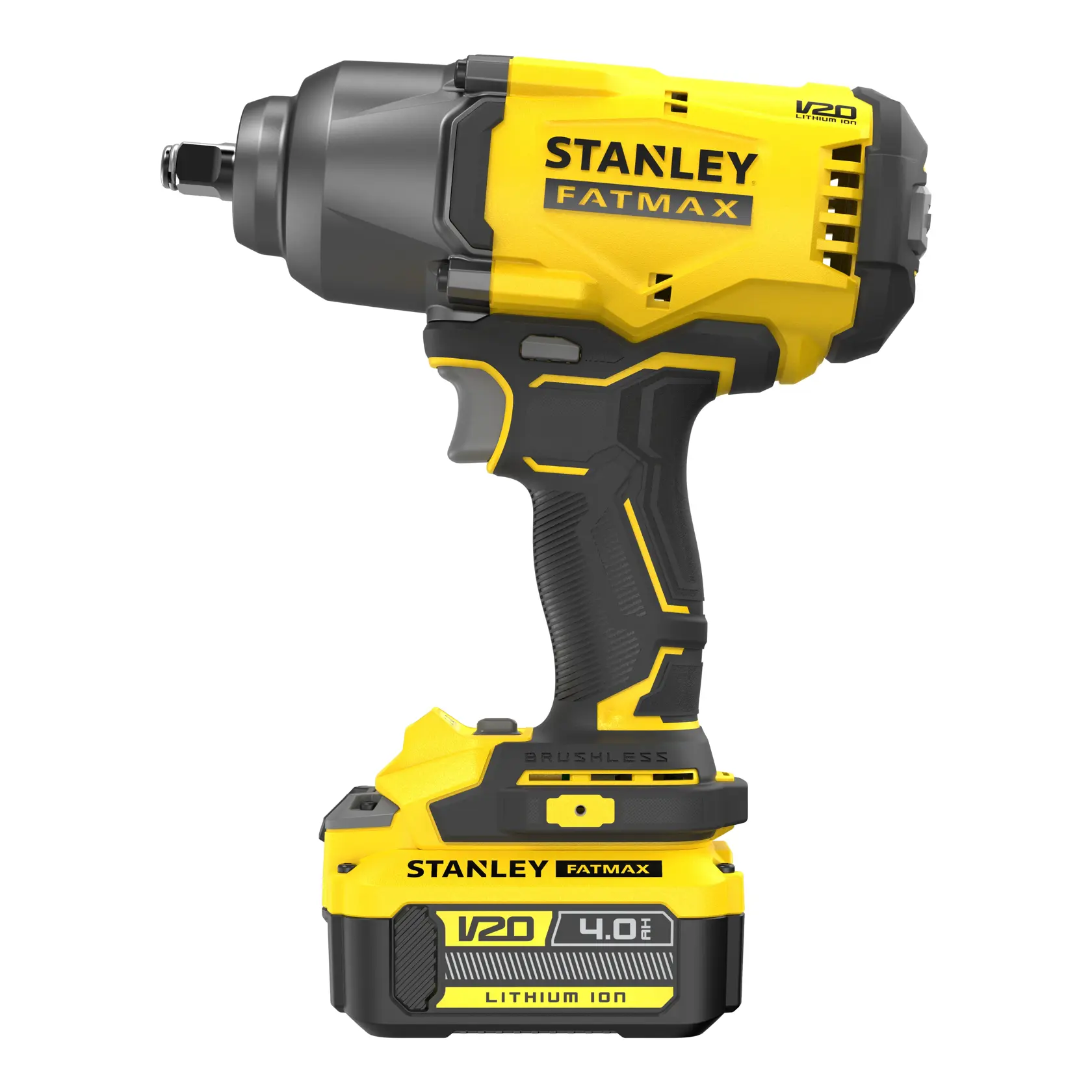 STANLEY SFMCF940M1 Akku-Schlagschrauber, gelb und schwarz, Seitenansicht, V20 FATMAX Serie.