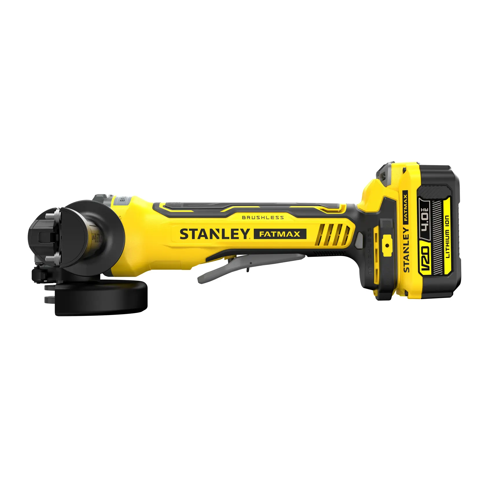 Photo of STANLEY SFMCG700M2K cordless angle grinder, yellow and black, side view on white background.