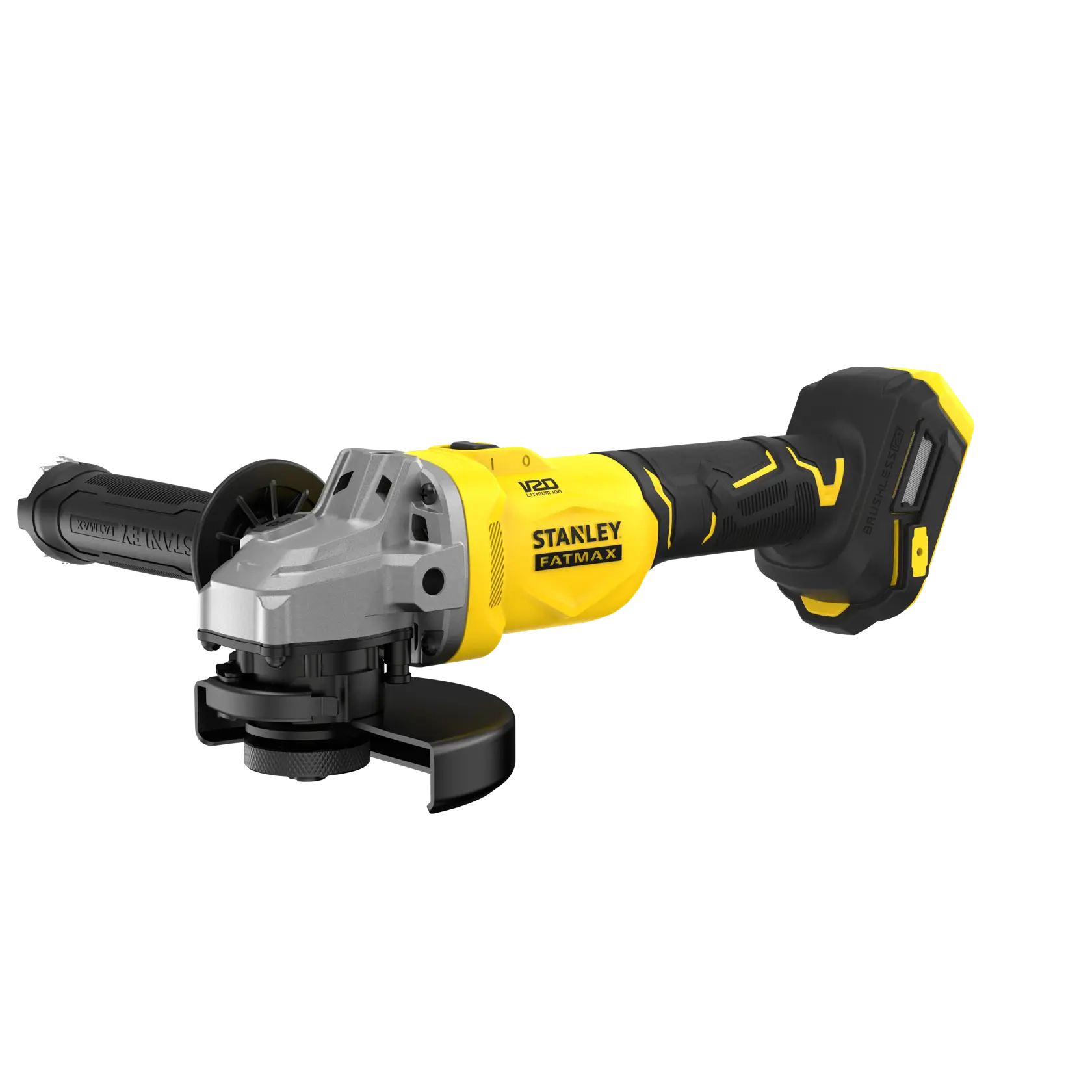 STANLEY SFMCG710B-XJ Akku-Winkelschleifer, gelb und schwarz, Vorderansicht von links auf weißem Hintergrund.