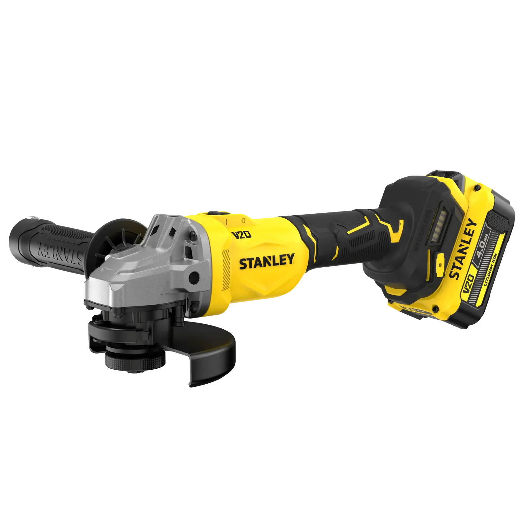Foto des STANLEY SFMCG710M1T Akku-Winkelschleifers mit gelb-schwarzem Gehäuse, Seitenhandgriff und Akku, Vorderansicht.