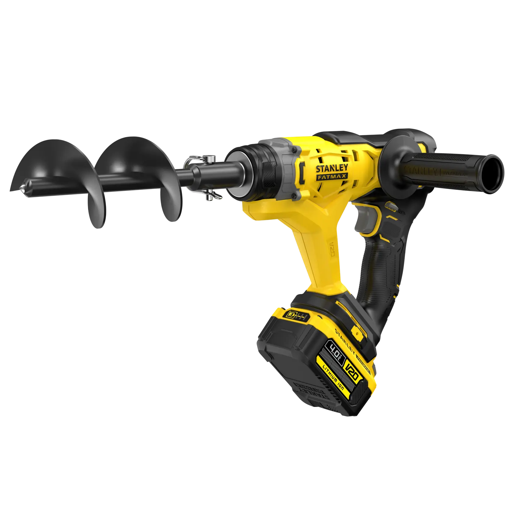 Stanley SFMCGA75M1 cordless auger drill, yellow and black, front angle on white background.