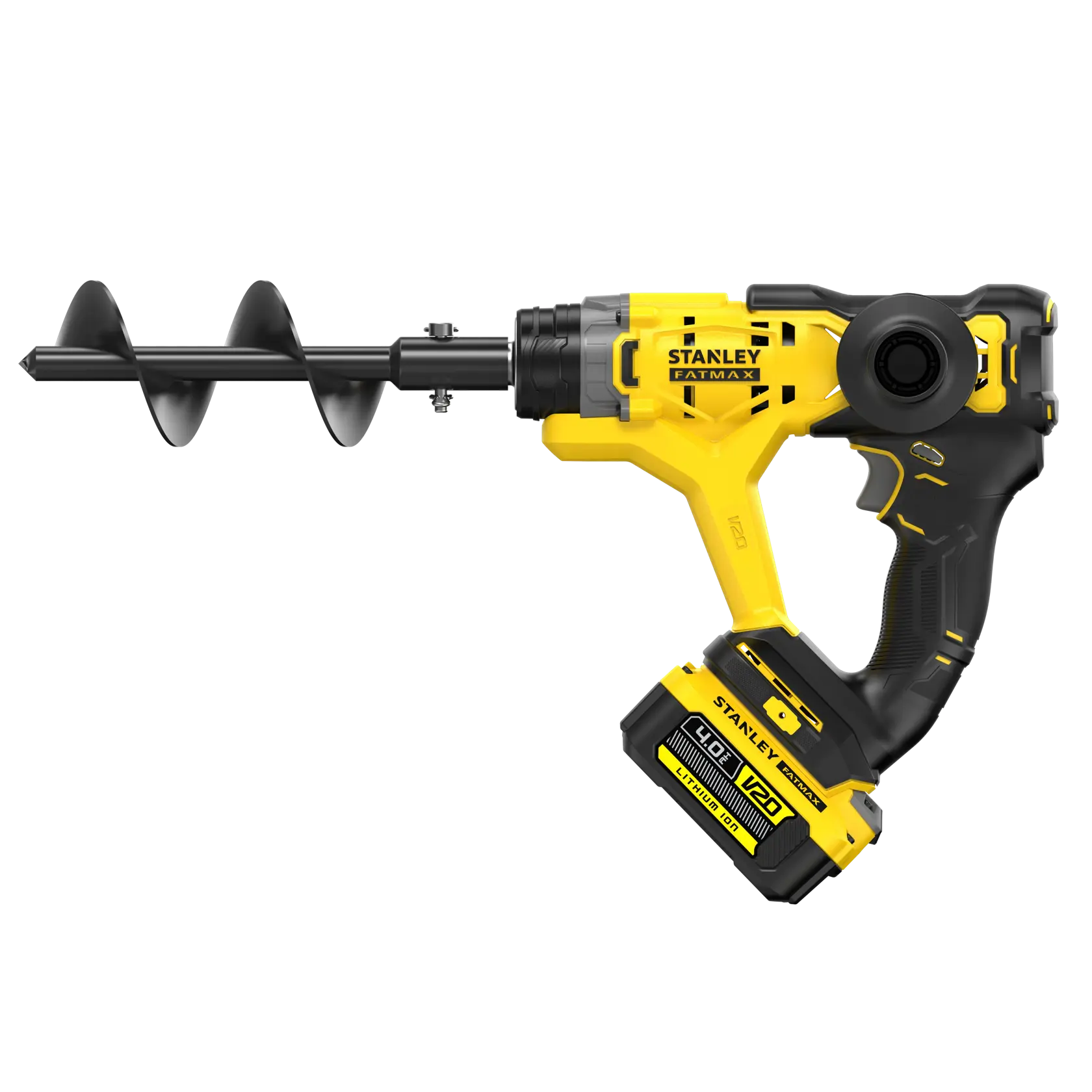 STANLEY SFMCGA75M1 cordless garden auger, yellow and black, side view on white background.