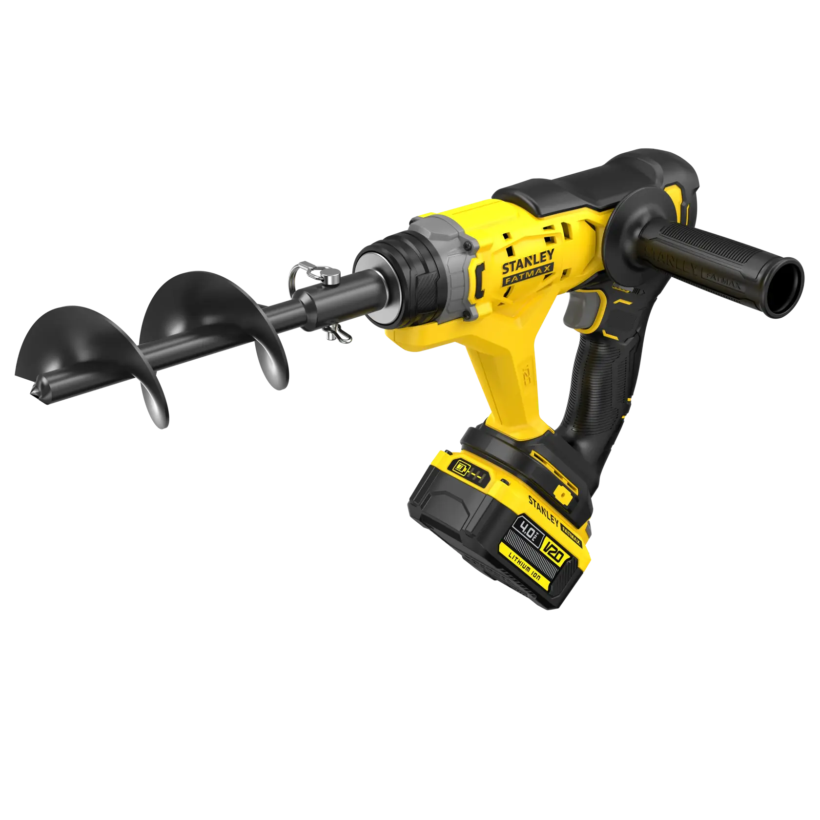 STANLEY SFMCGA75M1 cordless earth auger with yellow and black body, side handle, and visible drill bit, front angle.