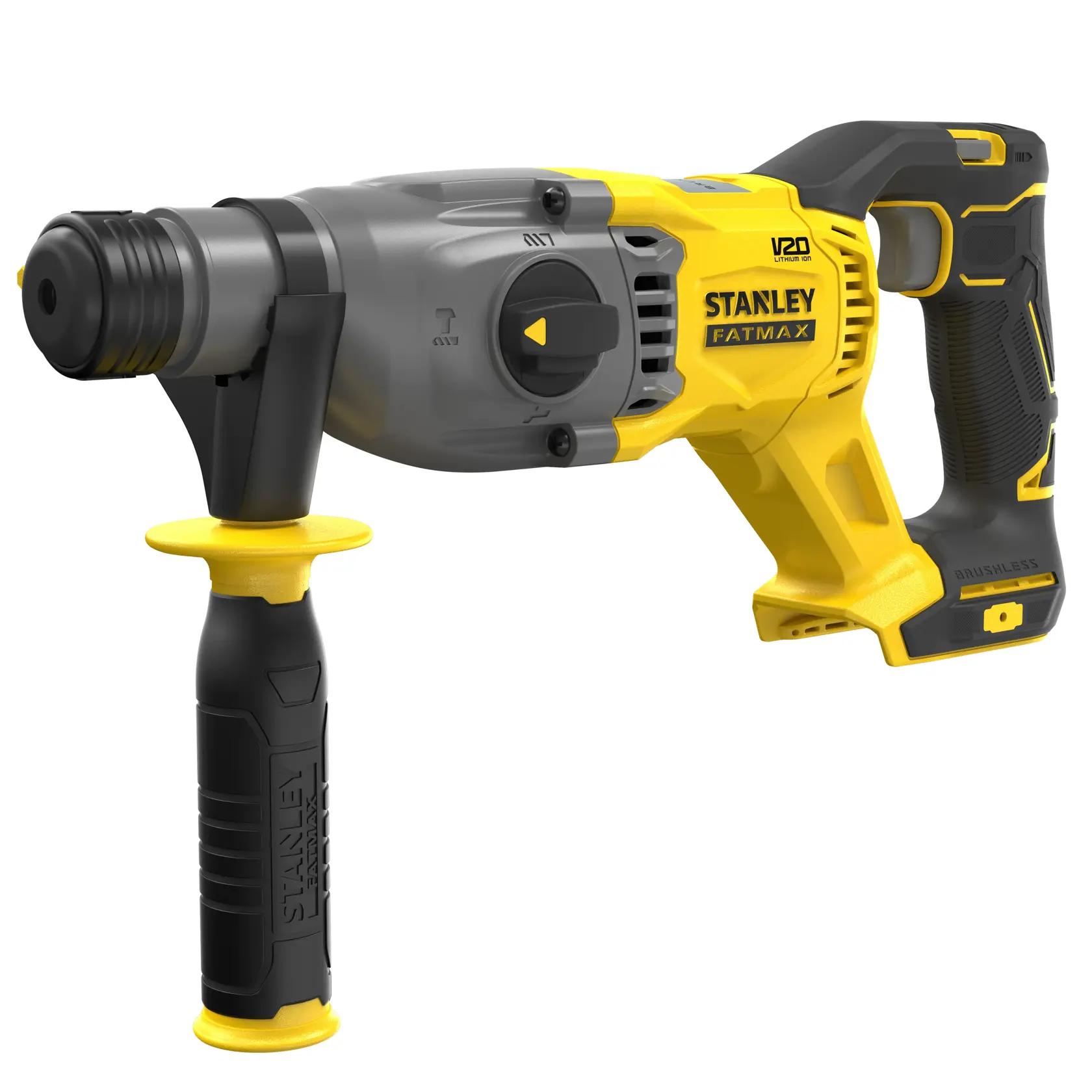 STANLEY SFMCH900B Bohrhammer, gelb und schwarz, Seitenansicht, bürstenlos, Zusatzgriff.