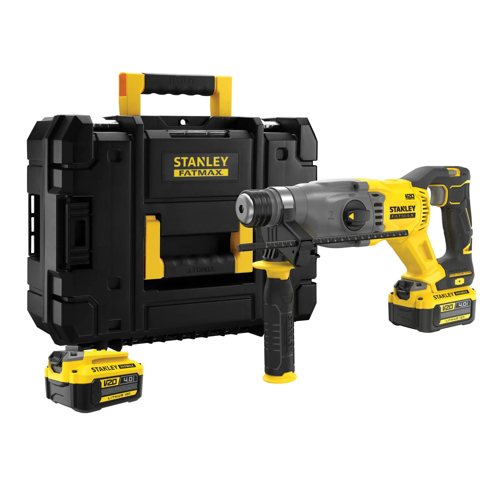 Stanley SFMCH900M22 Akku-Bohrhammer-Set mit Koffer und drei gelben V20-Akkus, Vorderansicht.
