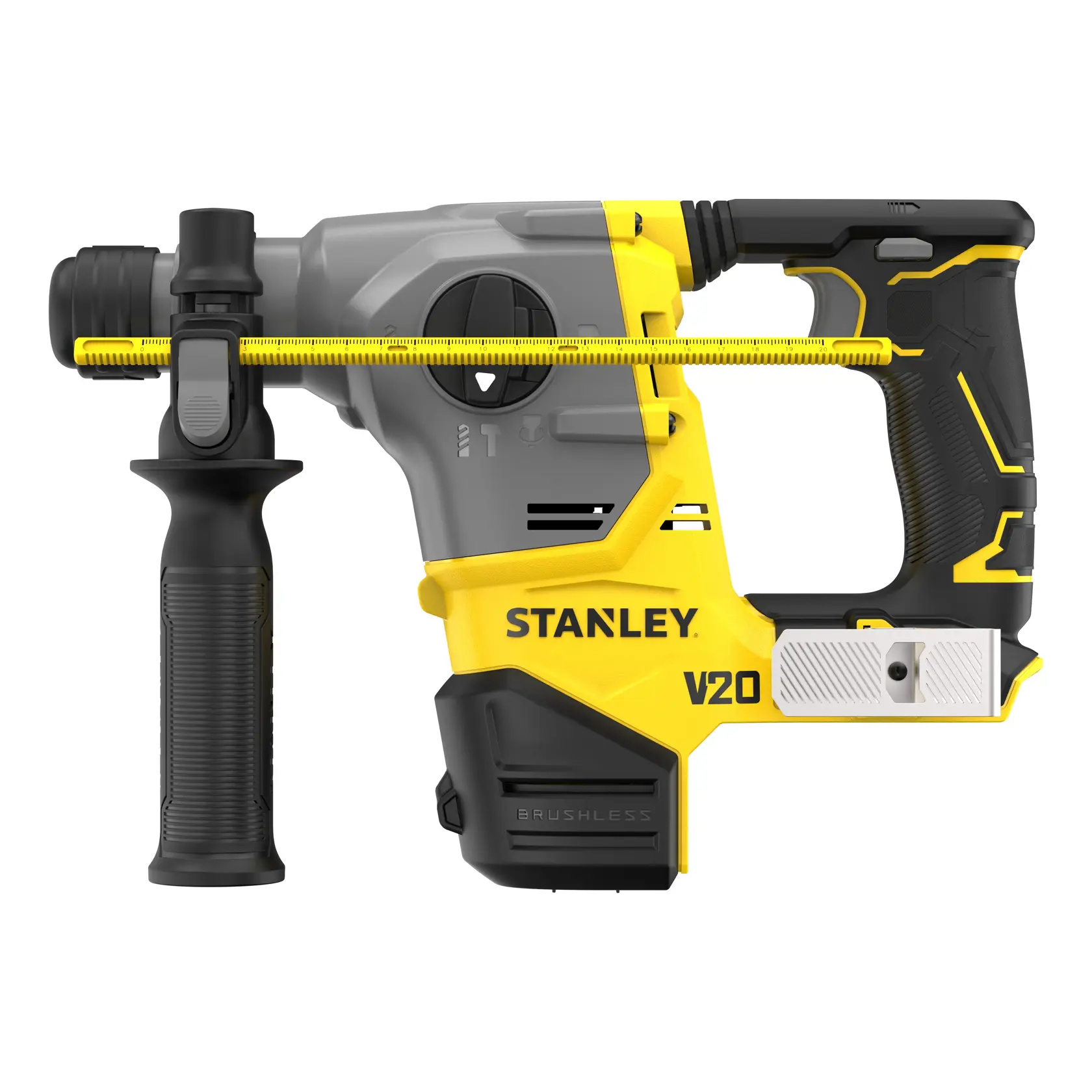 Foto des STANLEY SFMCH910B V20 Akku-Bohrhammers, Seitenansicht, gelb-schwarzes Gehäuse.