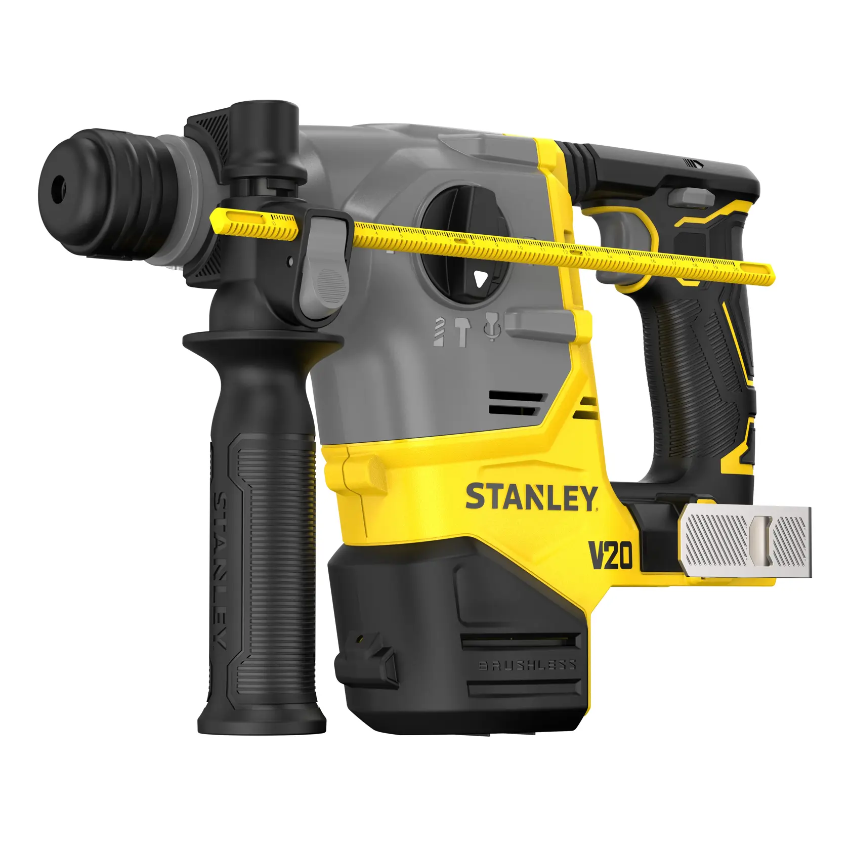 Stanley SFMCH910B kabelloser Bohrhammer, gelb und schwarz, Seitenansicht auf weißem Hintergrund.