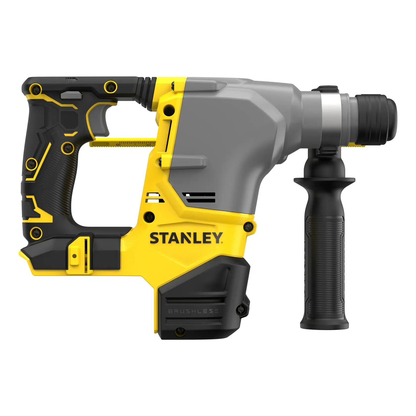 STANLEY SFMCH910B Bohrhammer mit Seitenhandgriff, bürstenlos, gelb und schwarz, Seitenansicht auf weißem Hintergrund.