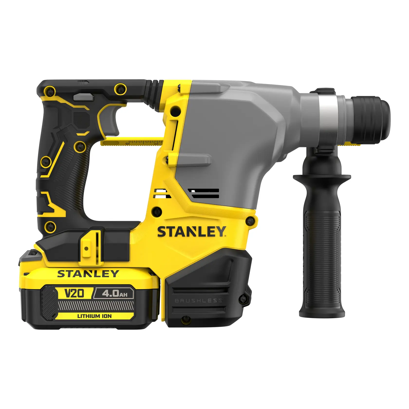 STANLEY SFMCH910M1T Akku-Bohrhammer, gelb und schwarz, Seitenansicht vor weißem Hintergrund.