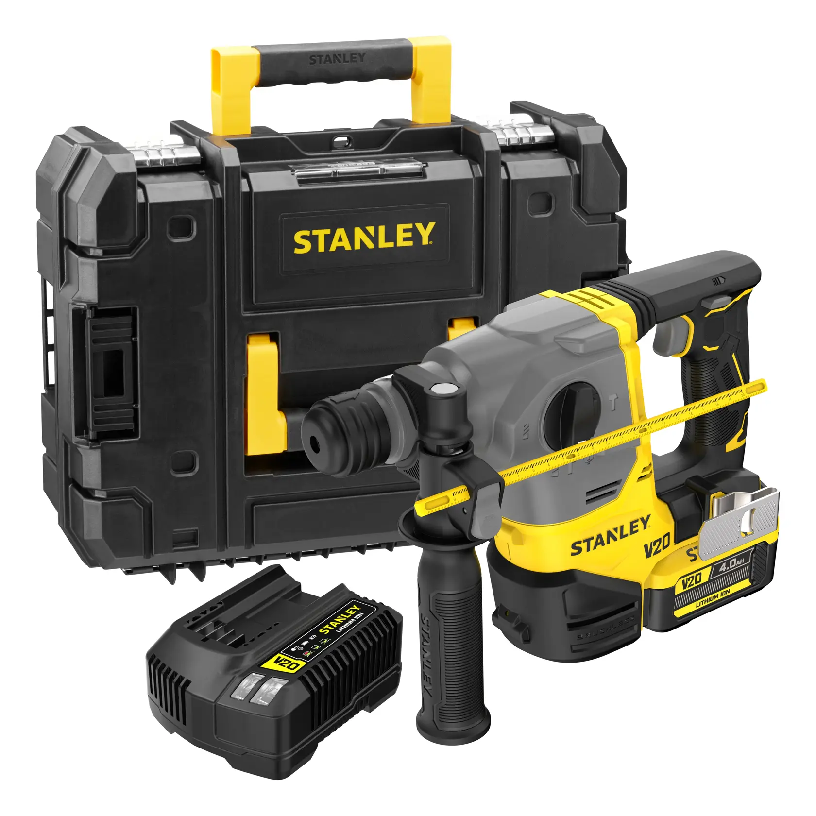 Stanley Akku-Bohrhammer-Set mit Batterie, Ladegerät und Hartschalenkoffer auf weißem Hintergrund.