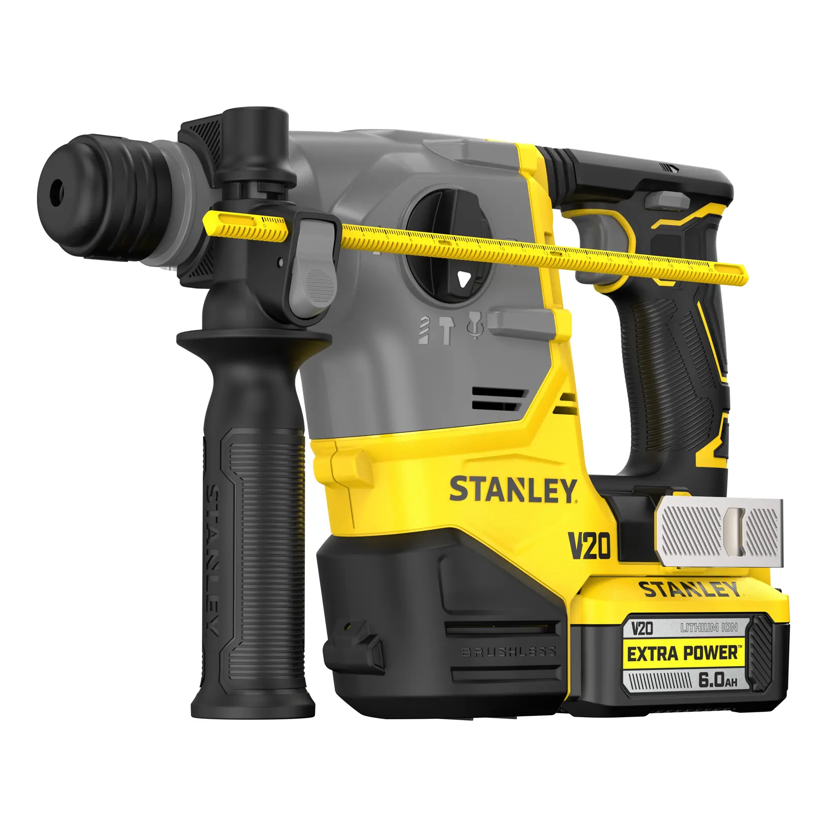 Stanley V20 Akkubohrhammer in Gelb und Schwarz mit 6,0Ah Akku, bürstenlos, ergonomischer Griff.