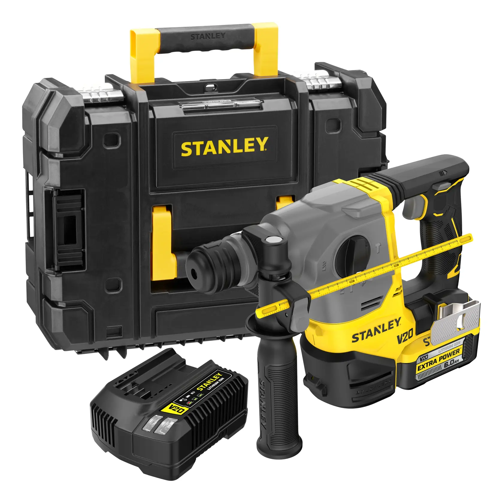 Stanley Akku-Bohrhammer-Set mit Batterie, Ladegerät und schwarz-gelbem Transportkoffer.