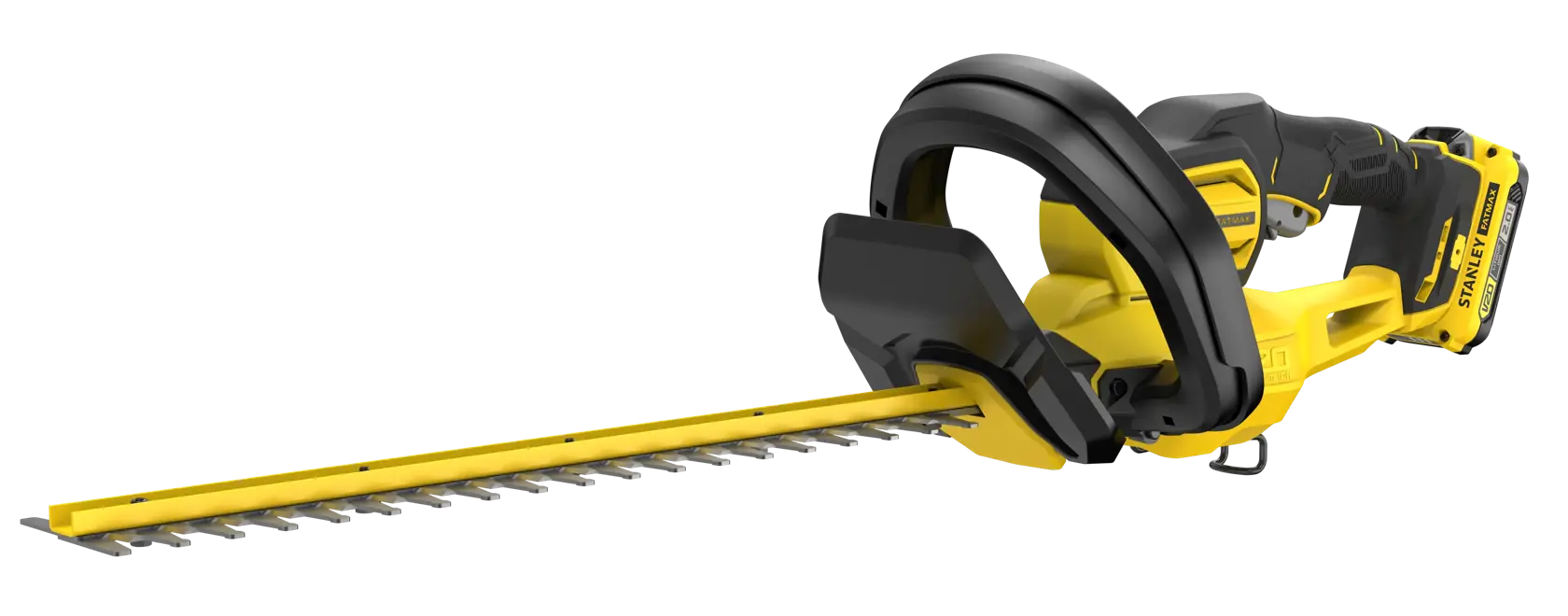 STANLEY SFMCHT650D1 Akku-Heckenschere, gelb und schwarz, Seitenansicht vor weißem Hintergrund.