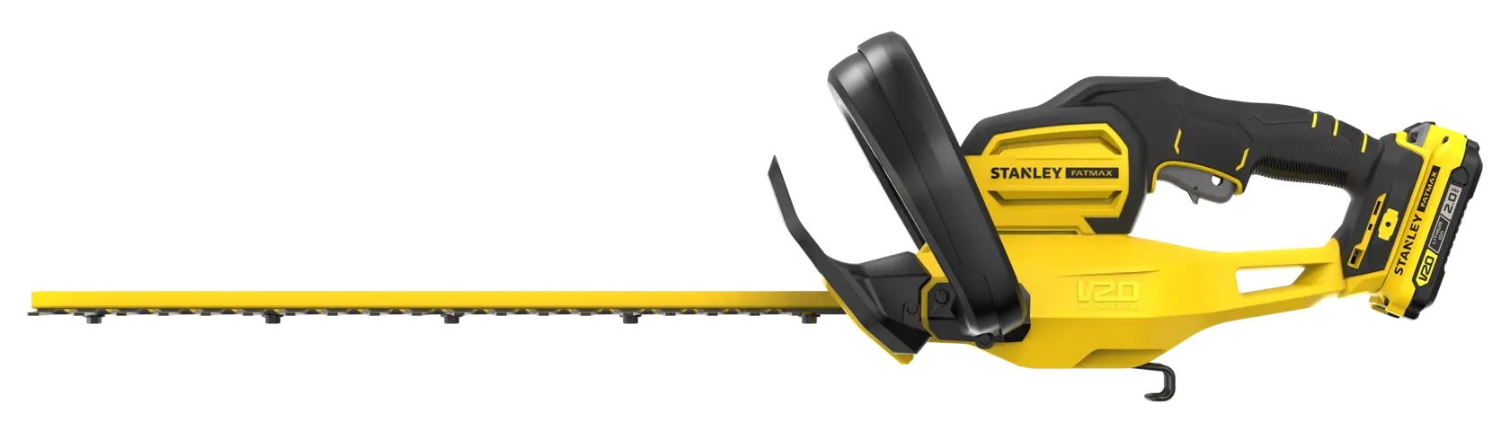 STANLEY SFMCHT650D1 Heckenschere Seitenansicht, gelb und schwarz, kabellos mit eingesetztem Akku.