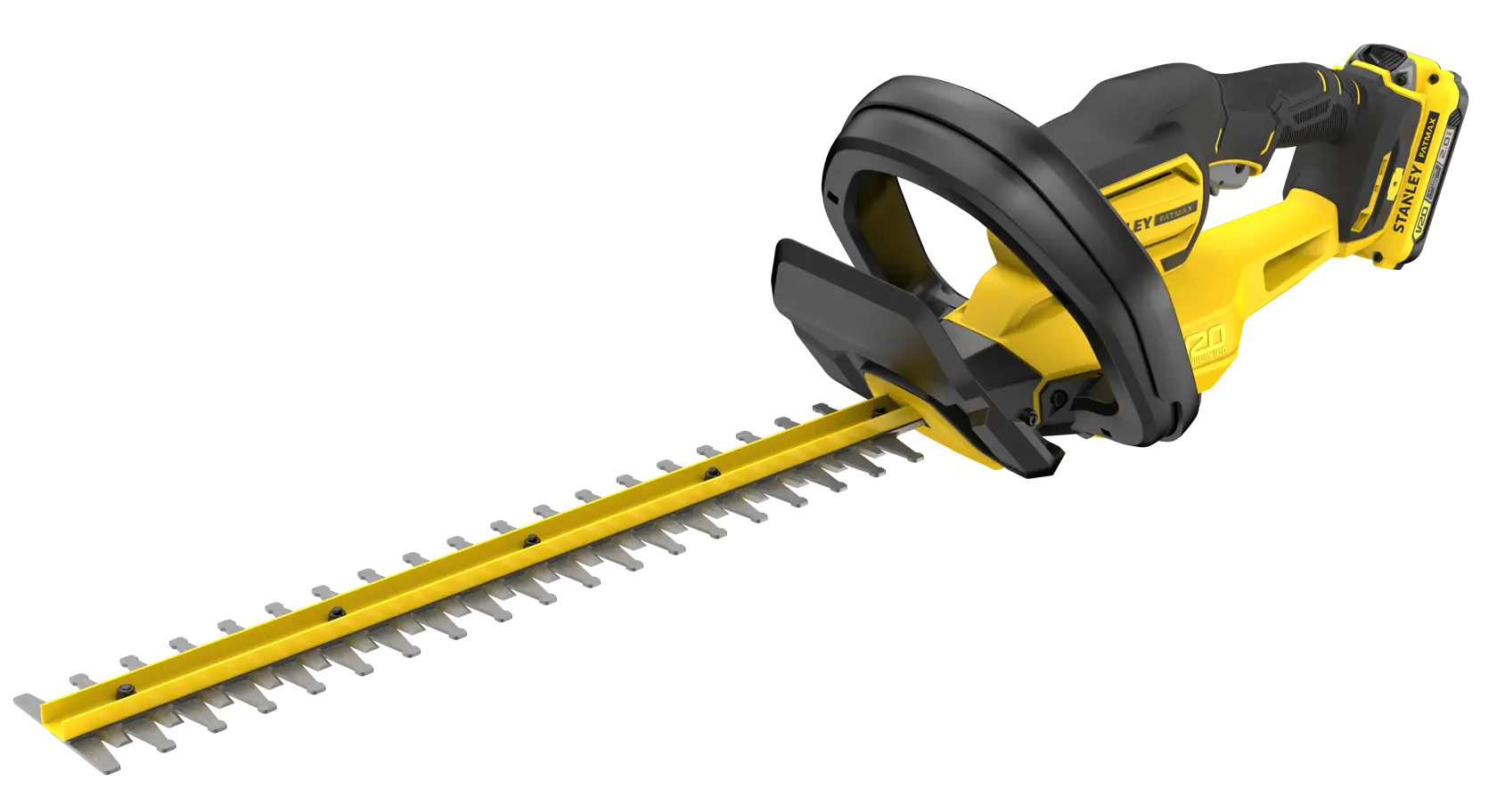 STANLEY SFMCHT650D1 Akku-Heckenschere, gelb und schwarz, Seitenansicht, weißer Hintergrund.