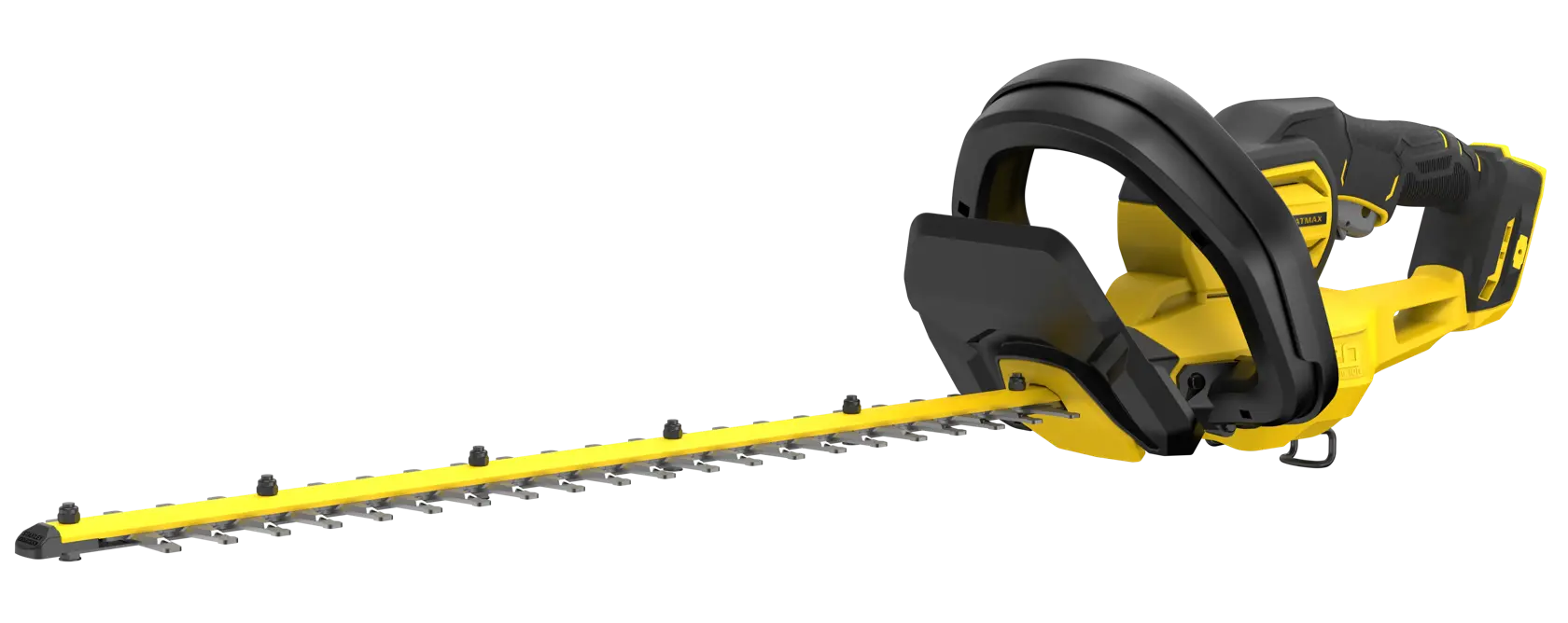STANLEY SFMCHT655B Heckenschere, gelb und schwarz, Seitenansicht, lange Doppelklinge, weißer Hintergrund.