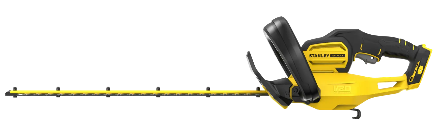 STANLEY SFMCHT655B Akku-Heckenschere, gelb und schwarz, Seitenansicht vor weißem Hintergrund.