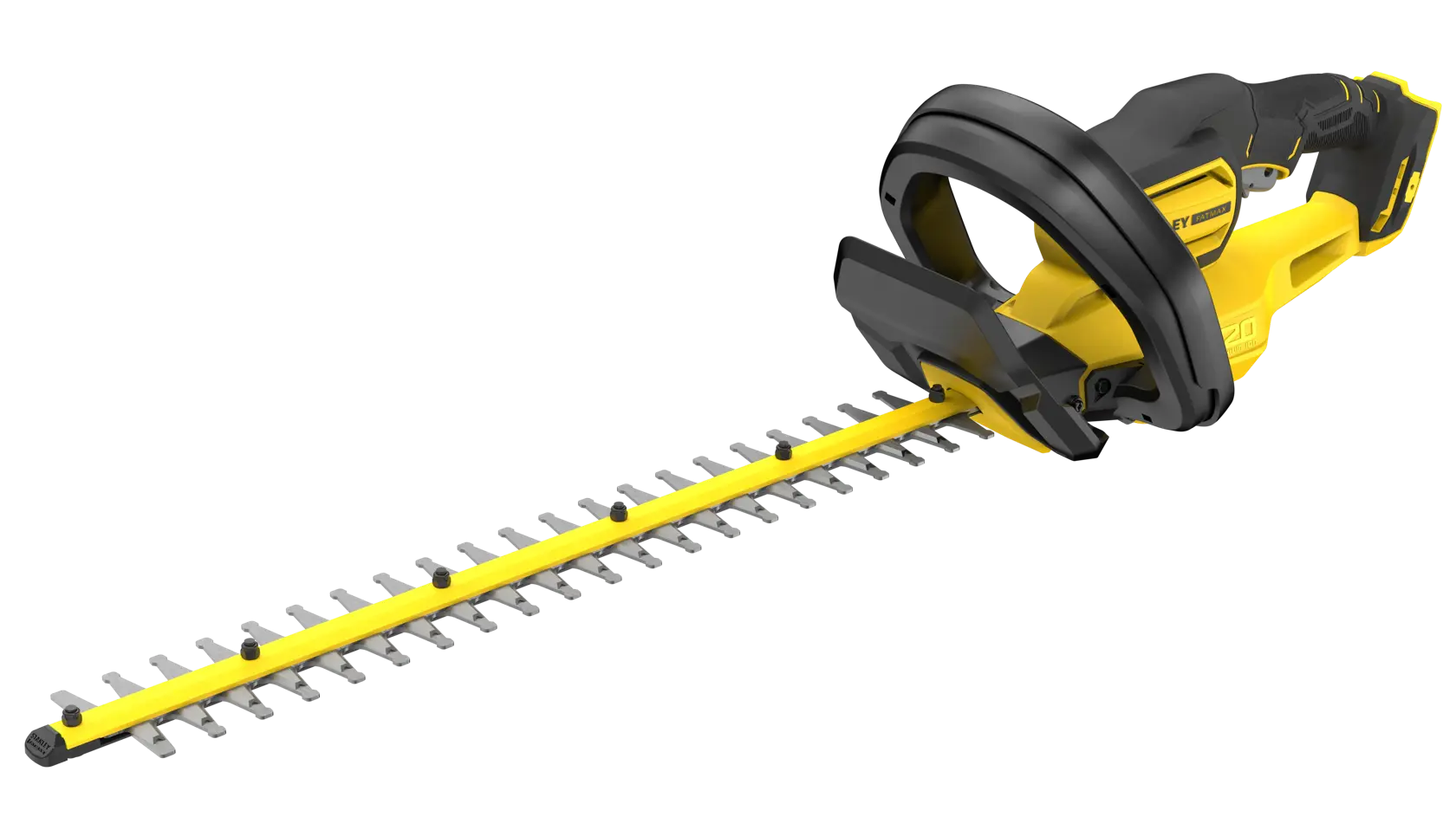 STANLEY SFMCHT655B Heckenschere, gelb und schwarz, schräge Vorderansicht auf weißem Hintergrund.