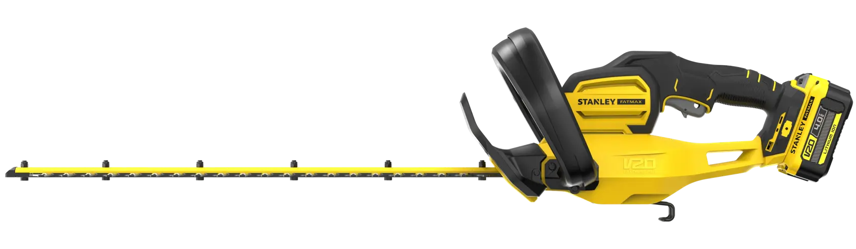 STANLEY SFMCHT655M1 Akku-Heckenschere, gelb und schwarz, Seitenansicht auf weißem Hintergrund.