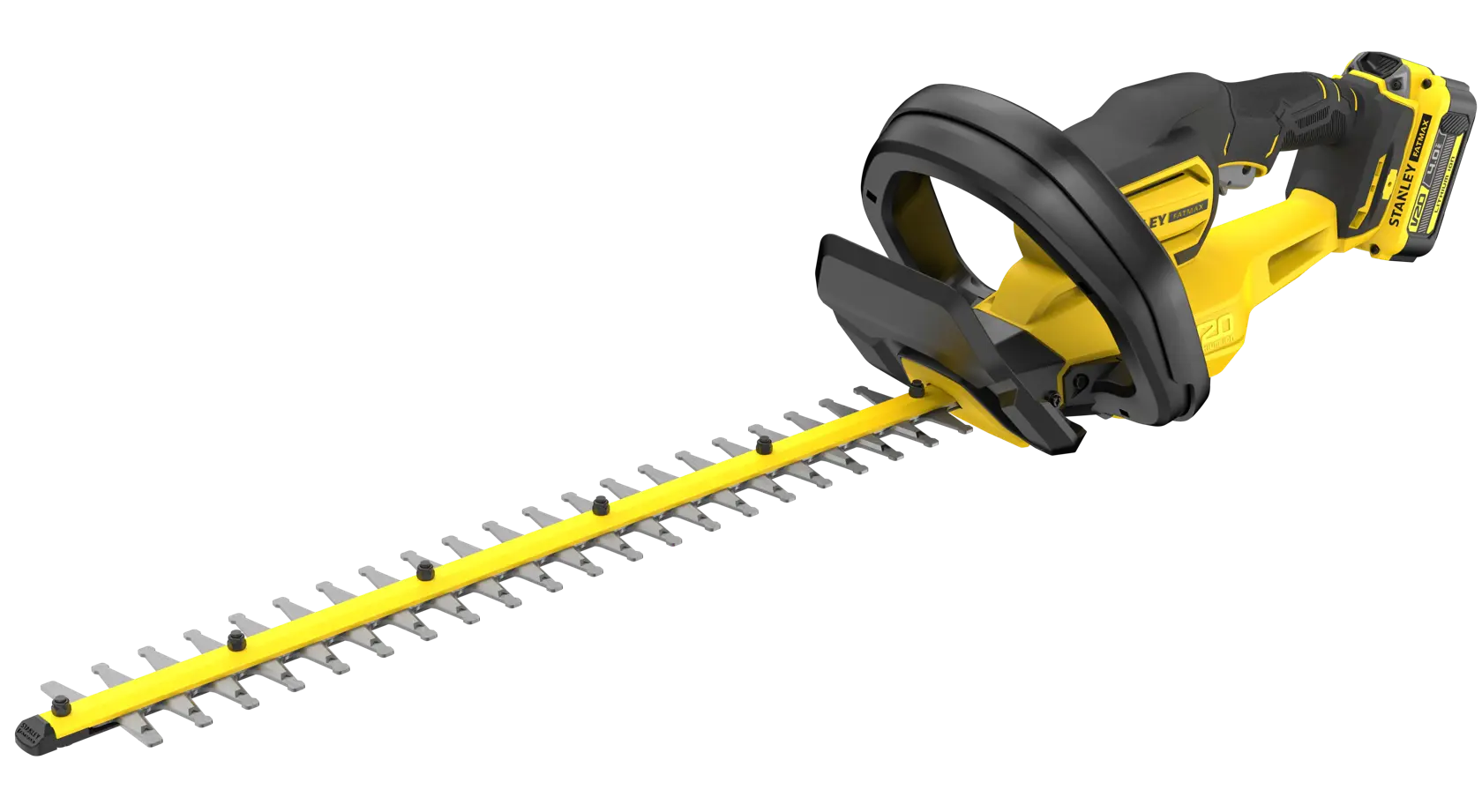 STANLEY SFMCHT655M1 kabellose Heckenschere, gelb und schwarz, Seitenansicht mit sichtbarer Klinge und Griff.