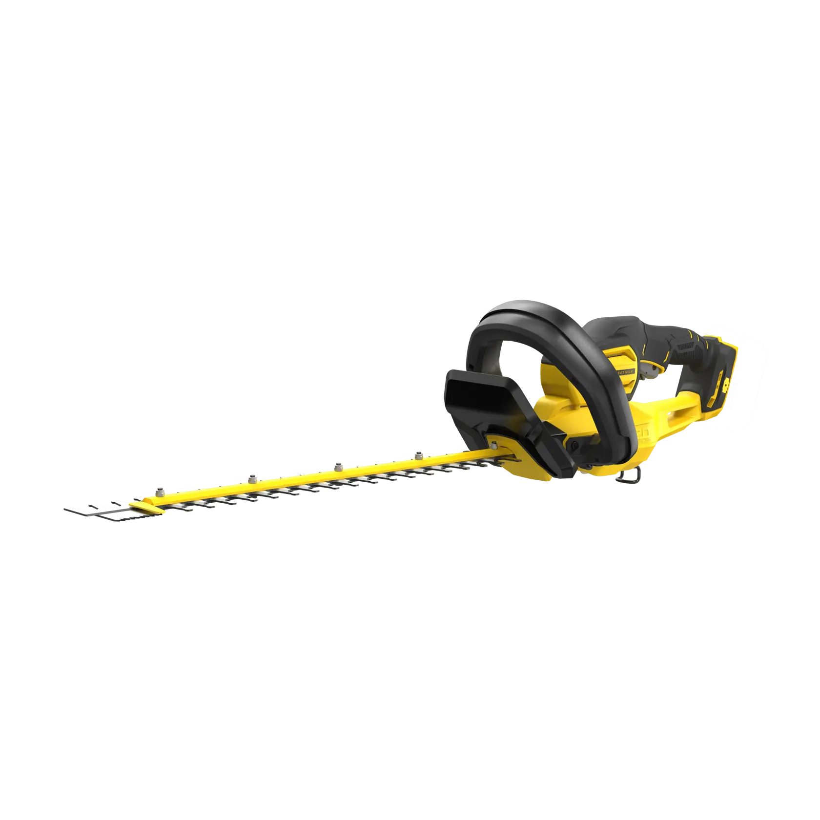 STANLEY SFMCHT855B Heckenschere, gelb und schwarz, Seitenansicht, lange Klinge, kabelloses Design.
