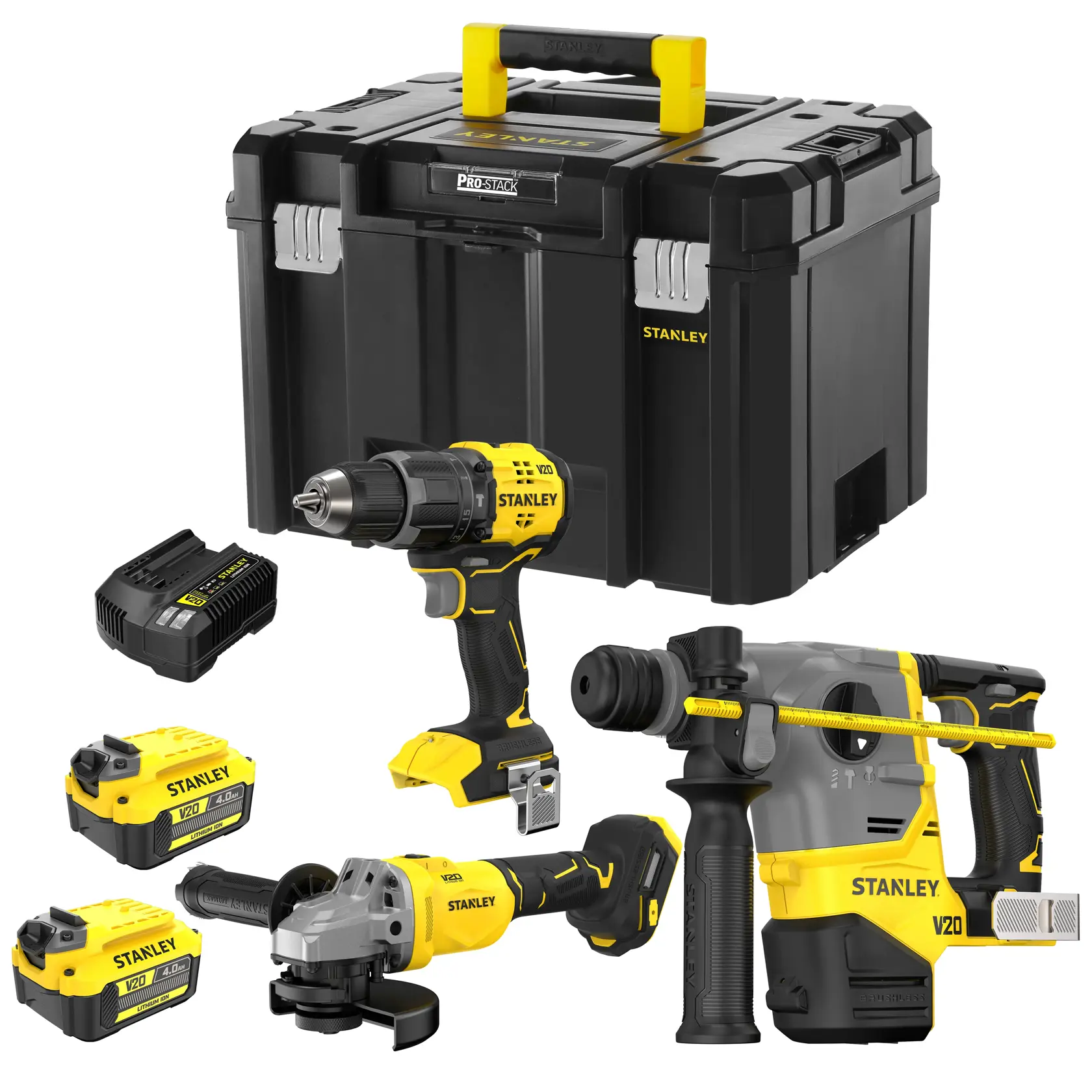 Stanley Werkzeugset mit Bohrer, Schleifer, Hammer, Akkus, Ladegerät und schwarzer Box.