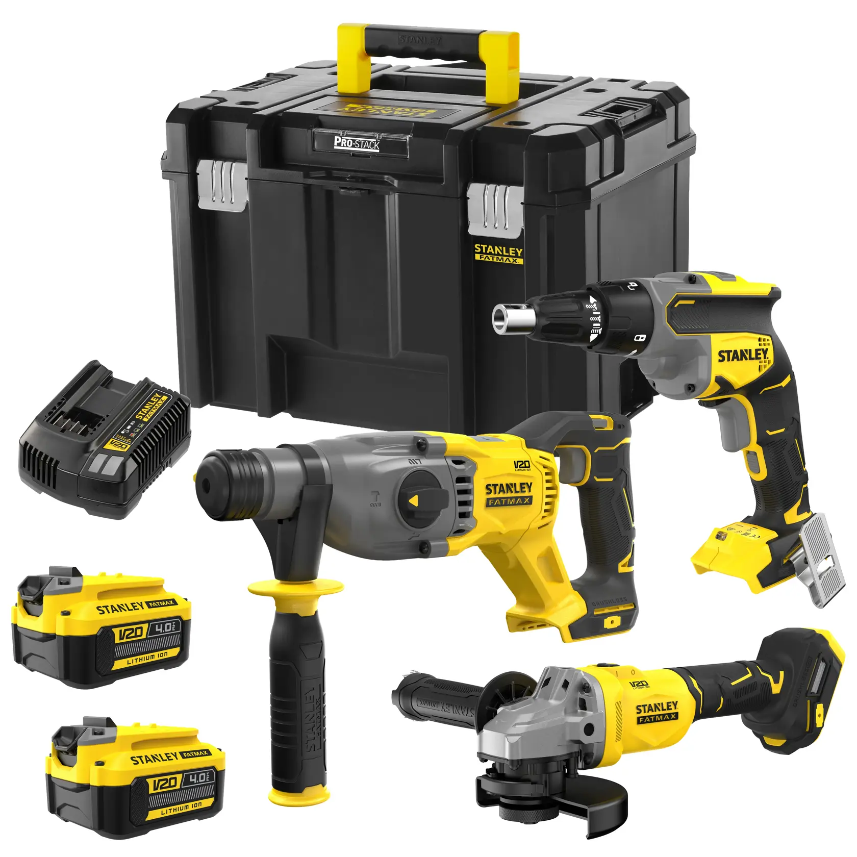 STANLEY SFMCK367M2T Werkzeugset mit Bohrmaschine, Schleifer, Akkus, Ladegerät und schwarz-gelbem Werkzeugkasten, Frontansicht.