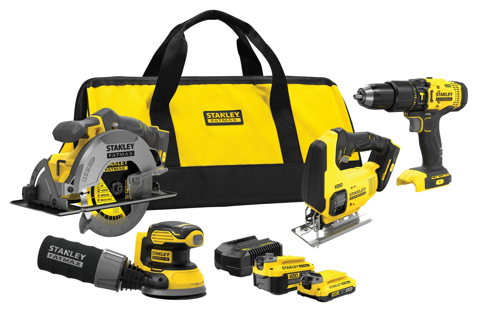 STANLEY SFMCK412MDS Elektrowerkzeugset mit Akku-Bohrmaschine, Säge, Schleifer, Akkus, Ladegerät und Tragetasche, Vorderansicht.