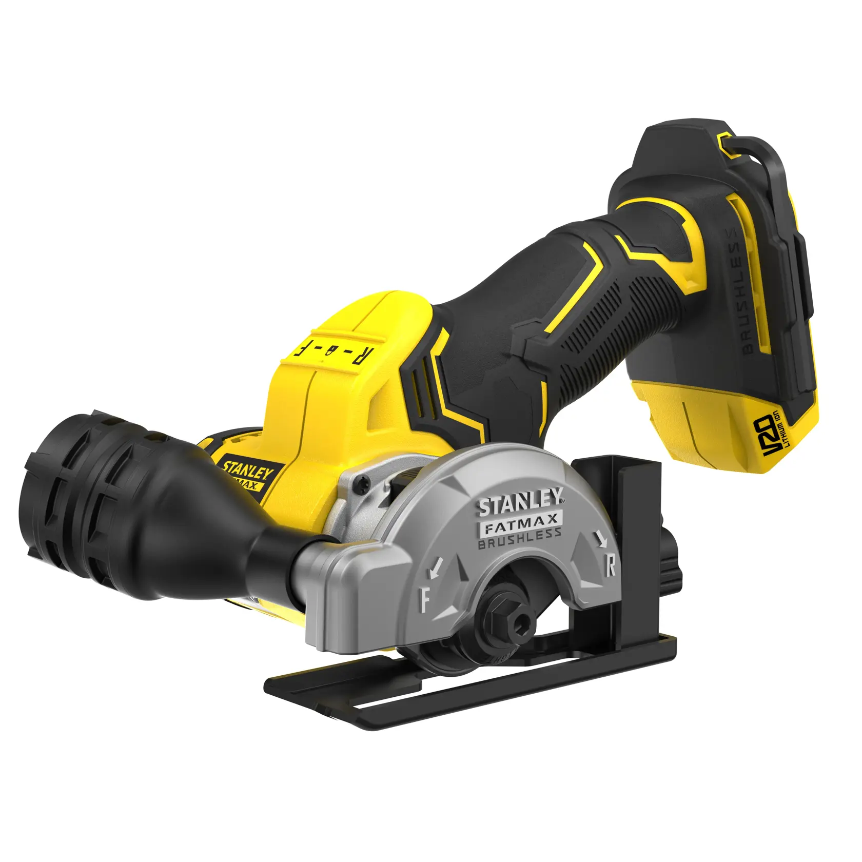 STANLEY SFMCM300B kabellose kompakte Handkreissäge, gelb und schwarz, bürstenlos, Produktfoto auf weißem Hintergrund.