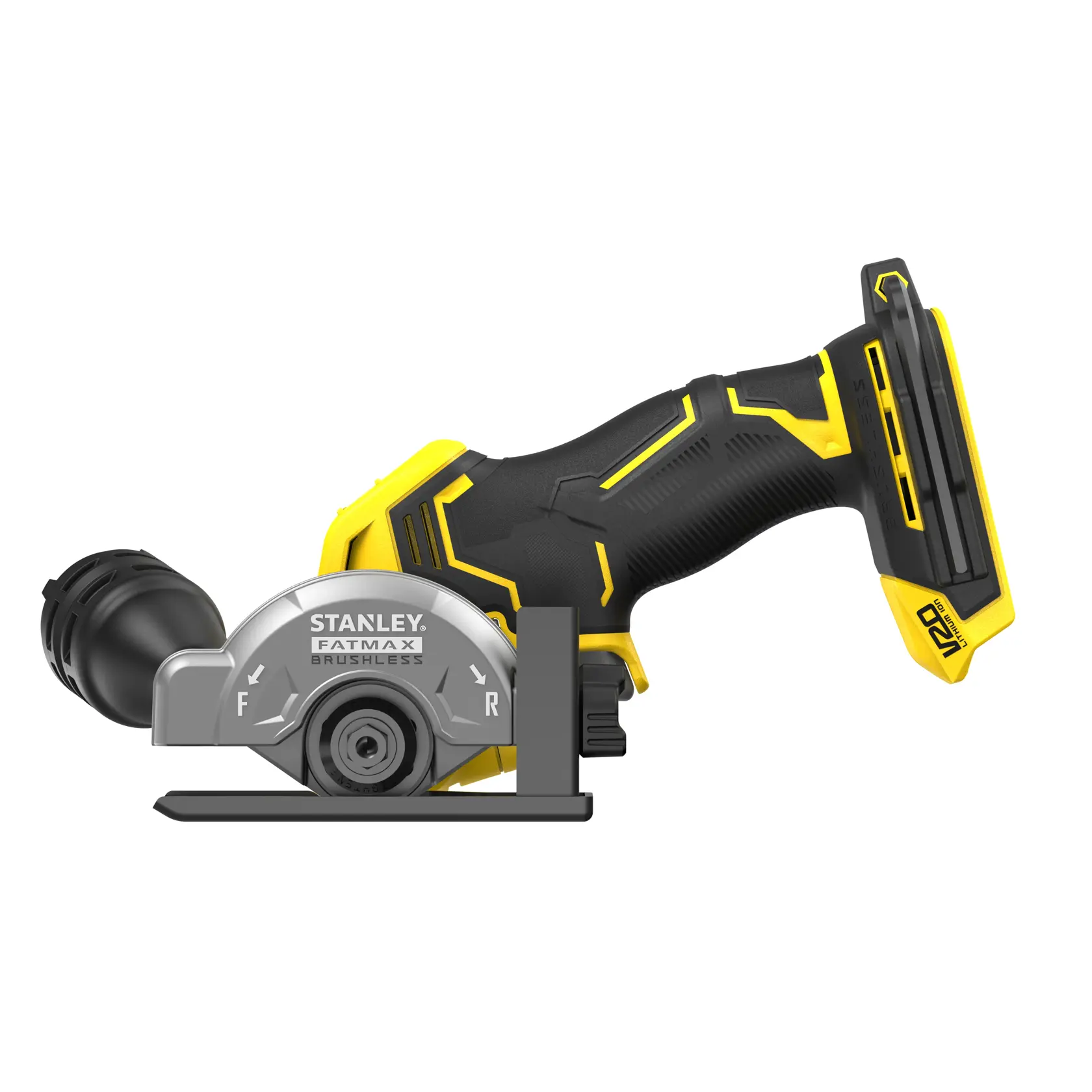 Stanley SFMCM300B bürstenloser kabelloser Mini-Schneider Seitenansicht auf weißem Hintergrund.
