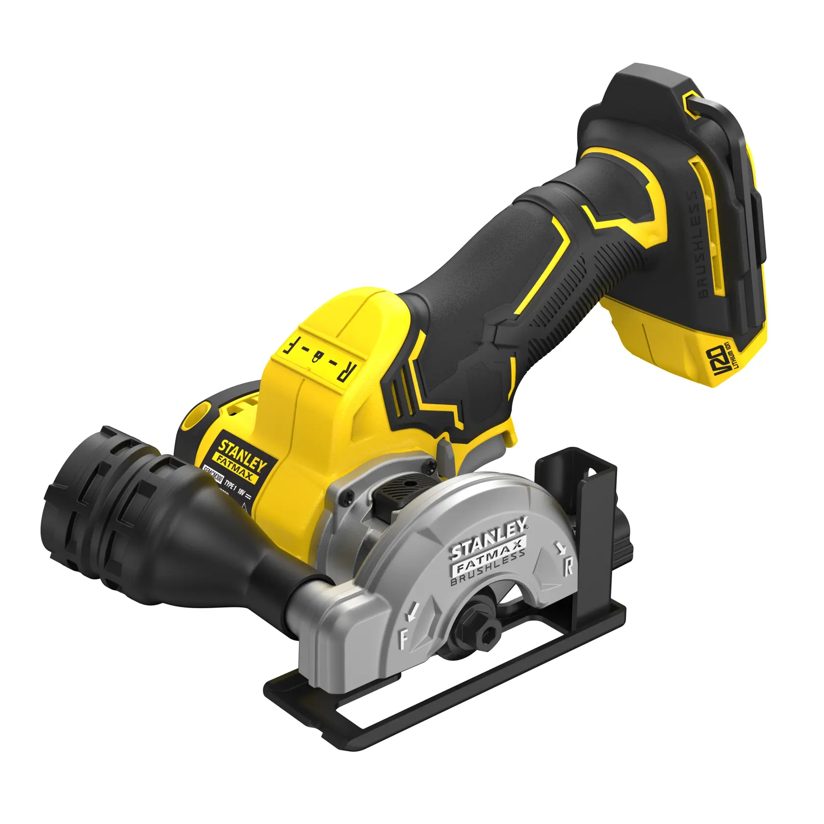 STANLEY SFMCM300B Fotografie eines kabellosen Brushless-Betonsäge, Seitenansicht vor weißem Hintergrund.