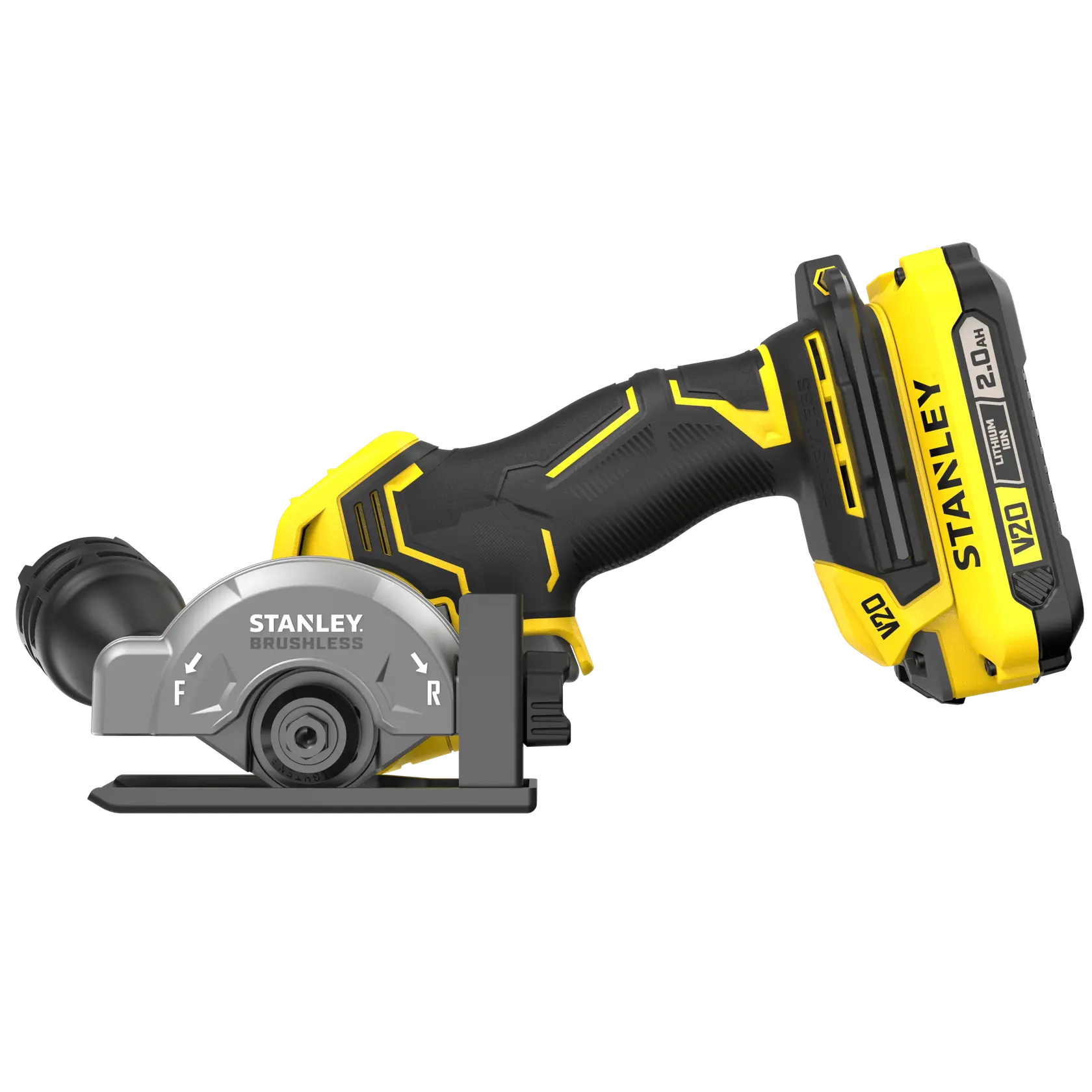 STANLEY SFMCM300D2 kabelloser Brushless-Hobel, Seitenansicht, gelb-schwarzes Design, V20 Akku sichtbar.