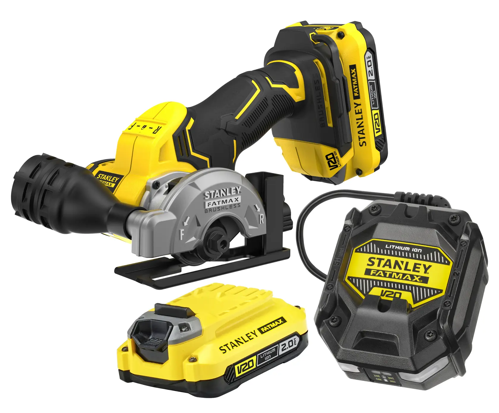 STANLEY SFMCM300D2 brushloses kabelloses Mini-Säge-Set mit Akku und Ladegerät, Vorderansicht, gelb und schwarz.