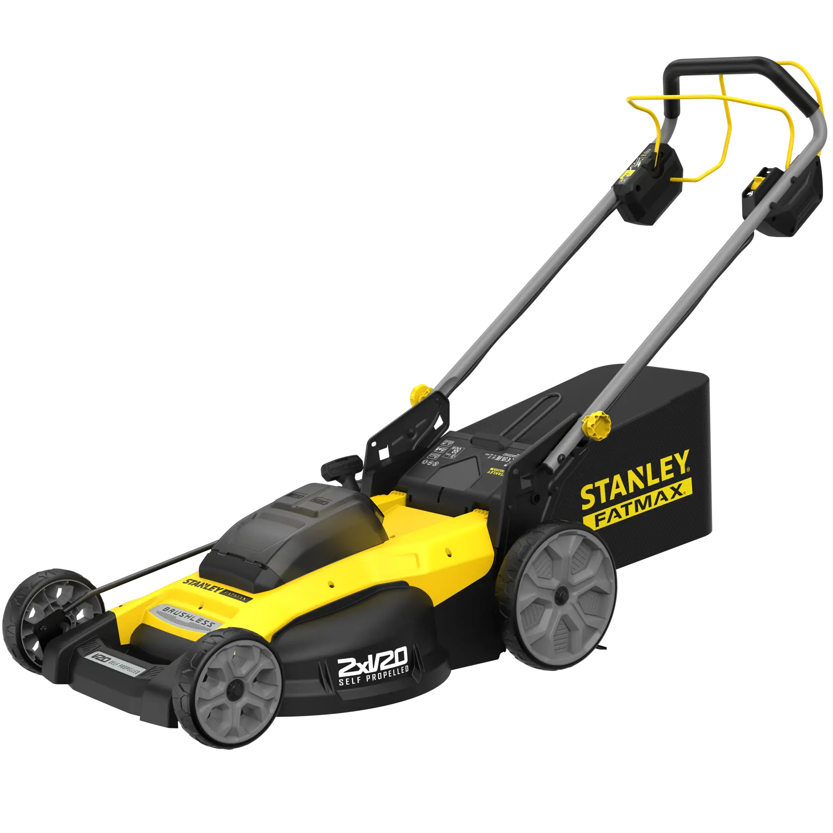 STANLEY SFMCMWS251M Akku-Rasenmäher in Schwarz-Gelb, Seitenansicht, mit Grasfangkorb.