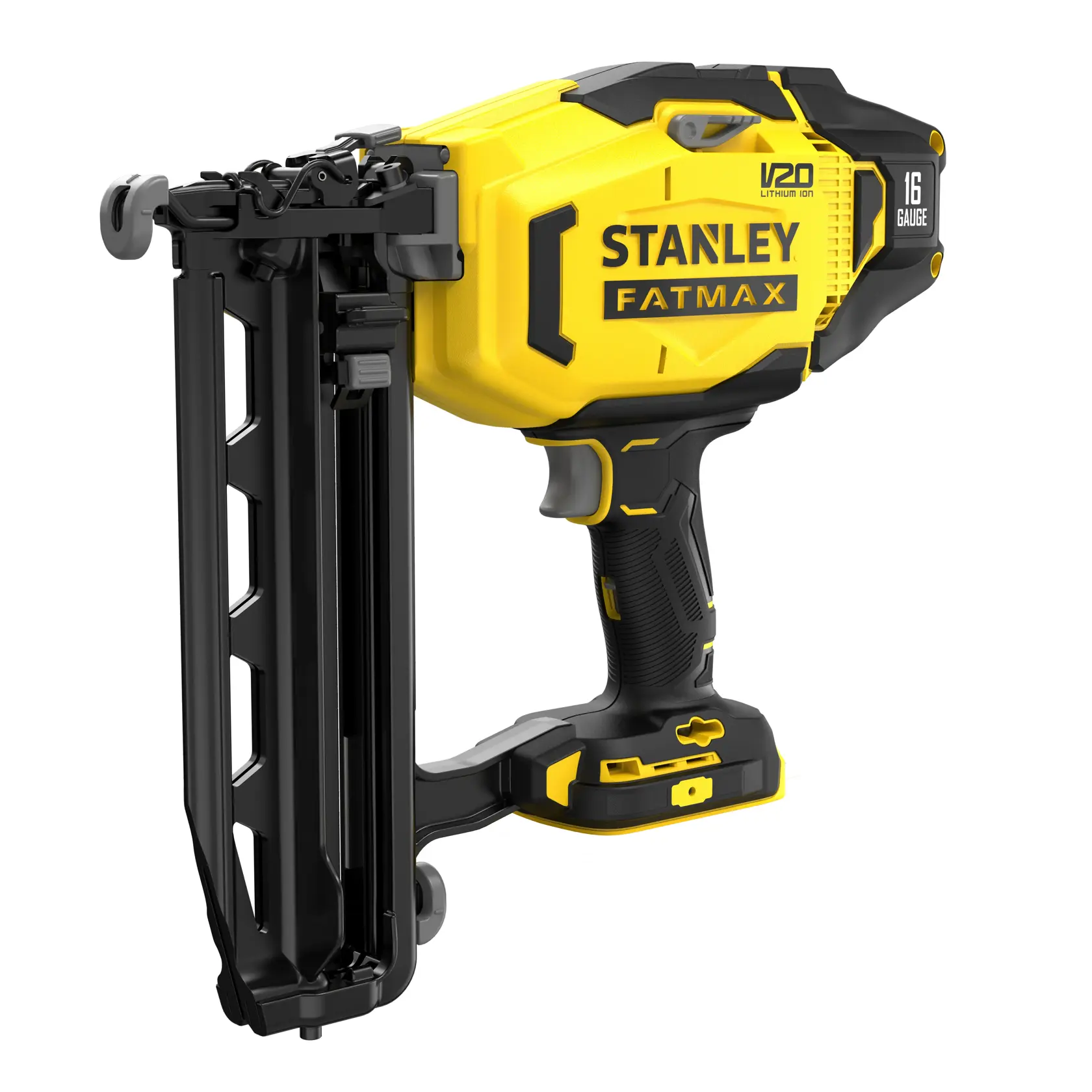 STANLEY SFMCN616B 16-Gauge Akku-Nagler, gelb und schwarz, Seitenansicht auf weißem Hintergrund.