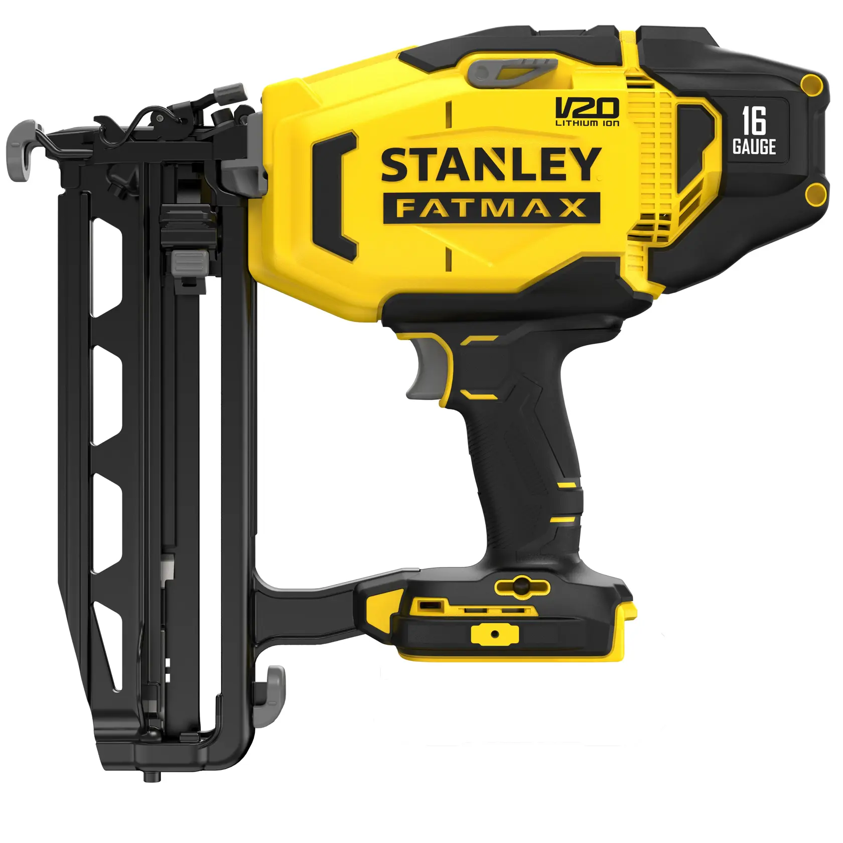 Foto des kabellosen STANLEY SFMCN616B 16GA Finish-Naglers, gelb und schwarz, Seitenansicht auf weißem Hintergrund.
