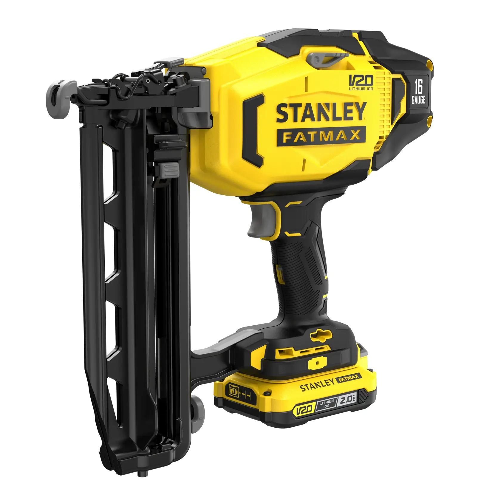 Stanley Fatmax V20 Akku-Nagelpistole in Gelb und Schwarz, seitlich gezeigt.