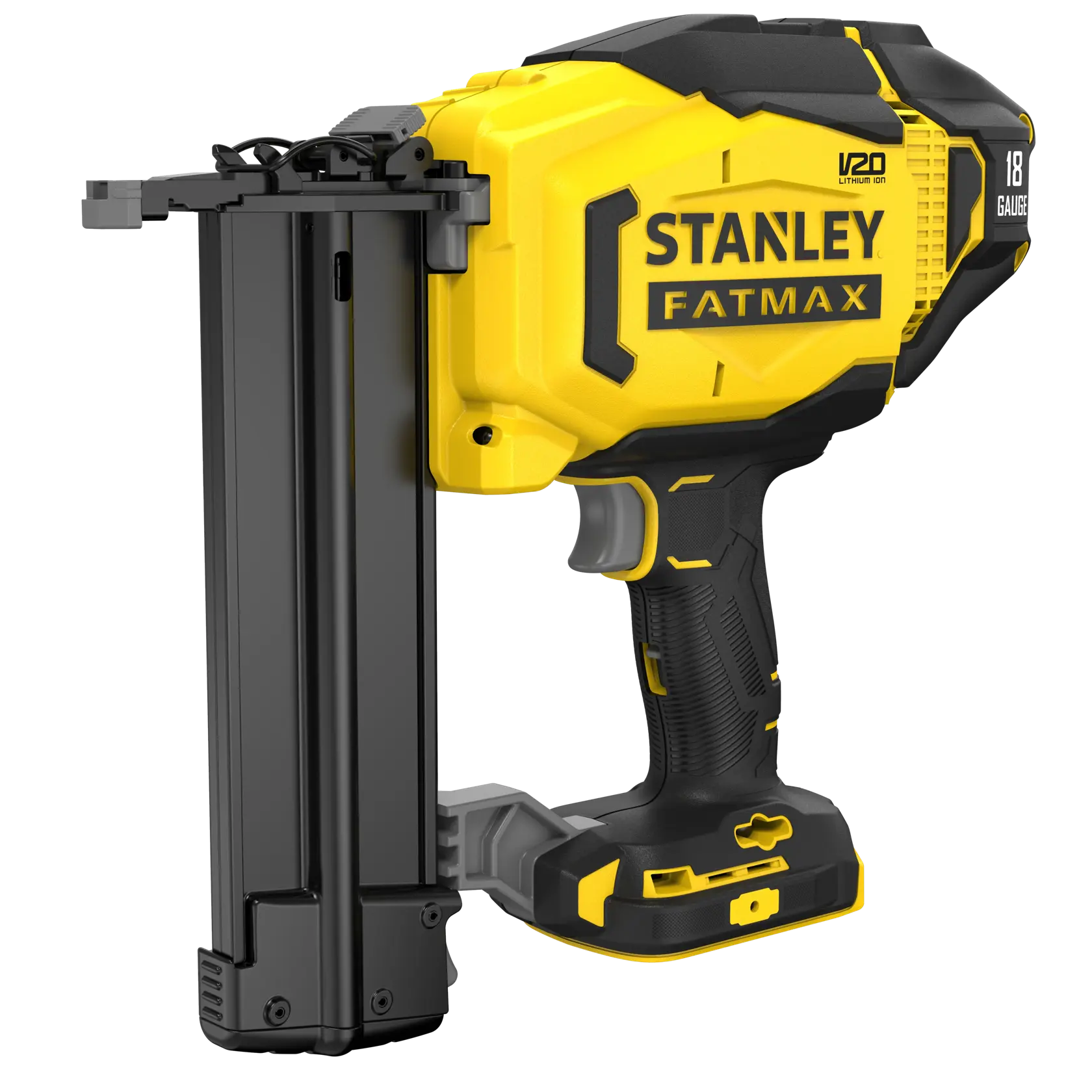 STANLEY SFMCN618B-XJ cordless 18 gauge nailer, side angle, yellow and black, FATMAX series.