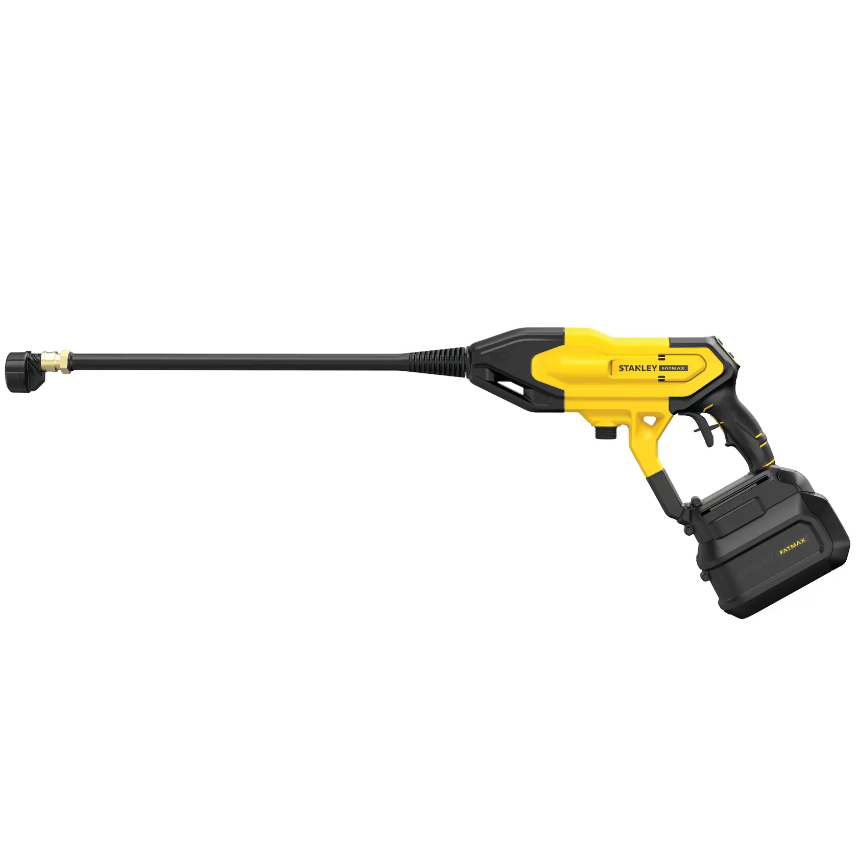Stanley cordless yellow and black pressure washer for cleaning surfaces, shown with long nozzle and battery pack.