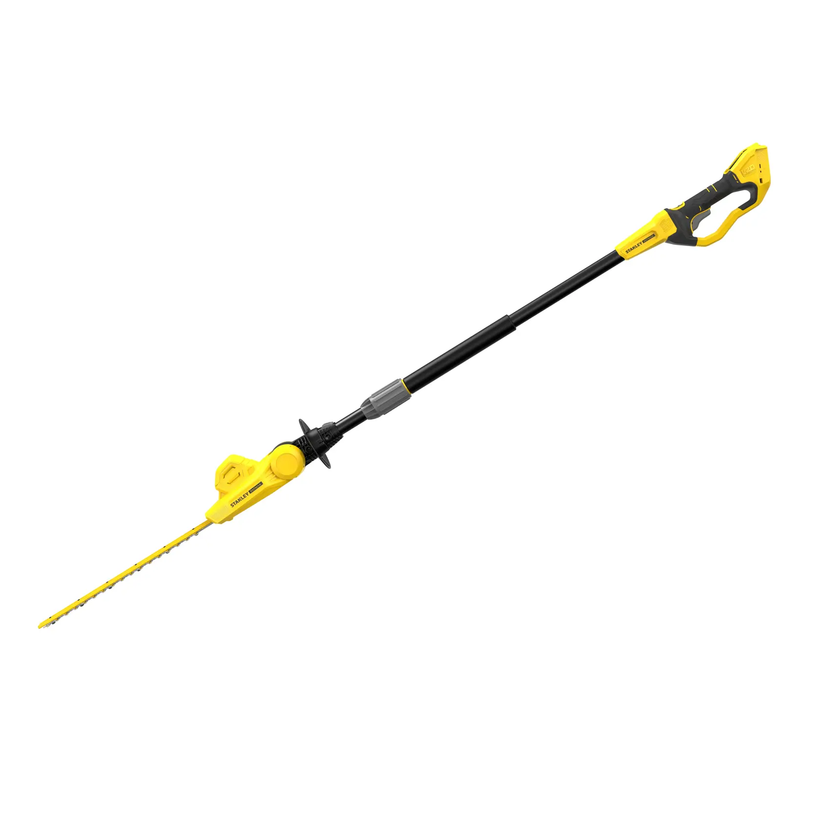 STANLEY SFMCPH845B Teleskop-Heckenschere, gelb und schwarz, Seitenansicht auf weißem Hintergrund.